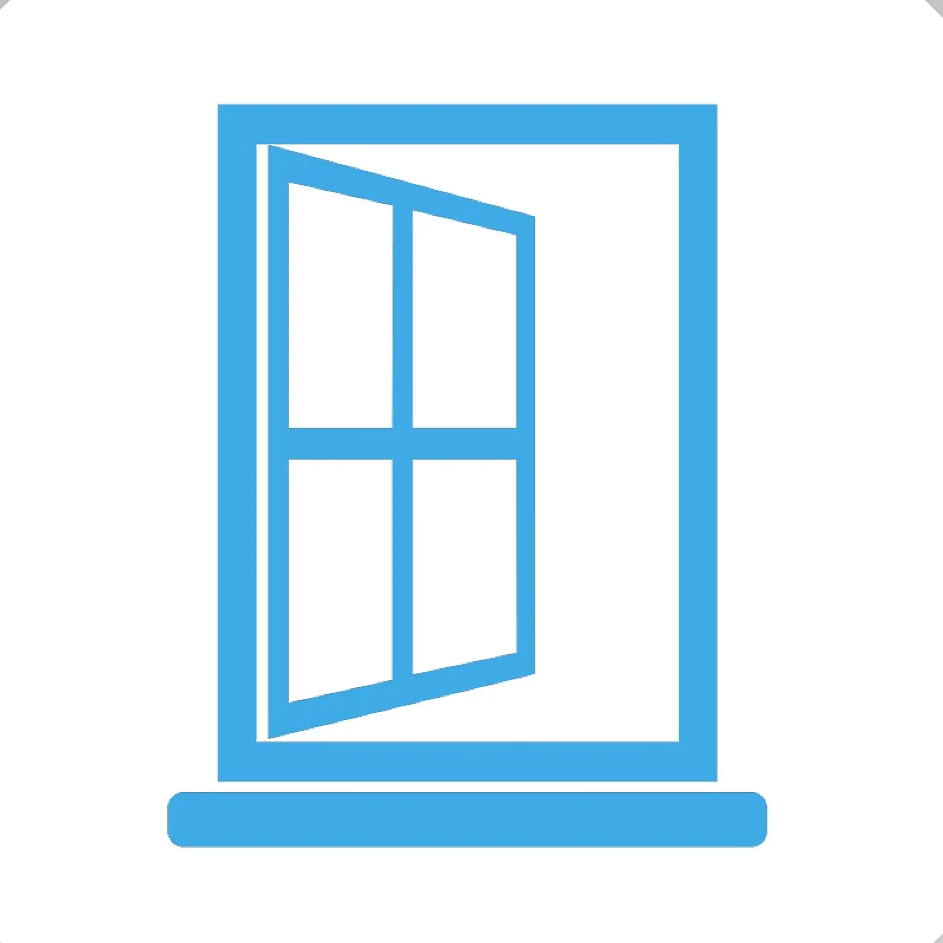 Ikon av ett blått öppet fönster med fyra rutor på en vit bakgrund. Fönstret visas rakt framifrån, med en ruta lutad inåt som om den öppnas. (This text has been generated by AI)