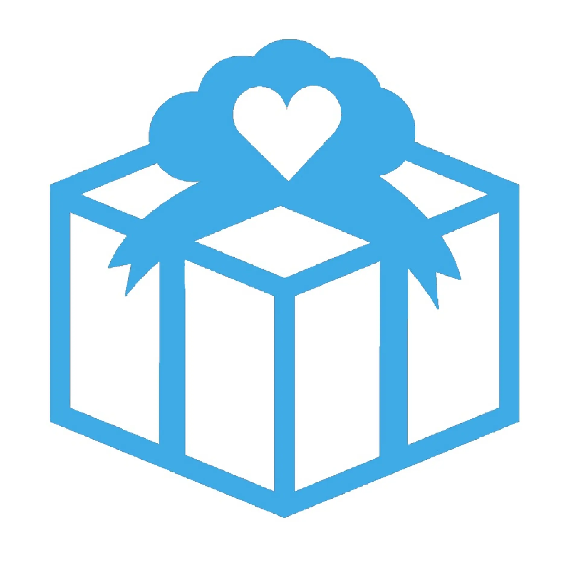 En blå ikon av en presentask med ett hjärta. Asken är inslagen med tesa-tejp, och en hjärtform är integrerad i rosetten ovanpå. (This text has been generated by AI)