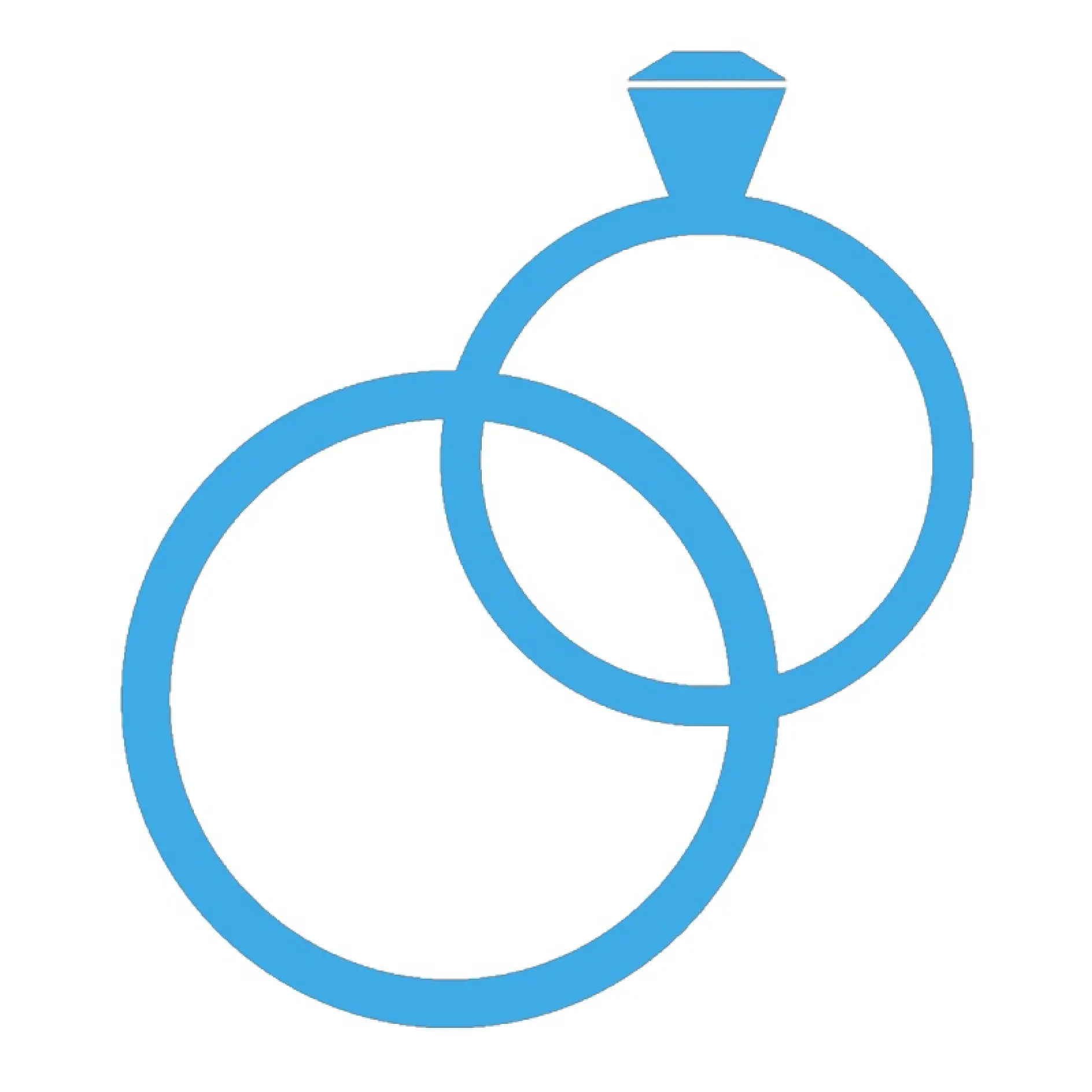 Två blå sammanlänkade cirklar där en har en diamantform på toppen, vilket liknar en stiliserad förlovningsring. Designen är enkel och placerad mot en vit bakgrund. Alla förbindelser är sömlöst fixerade med tesa-tejp för att säkerställa hållbarhet utan att kompromissa med designens elegans. (This text has been generated by AI)