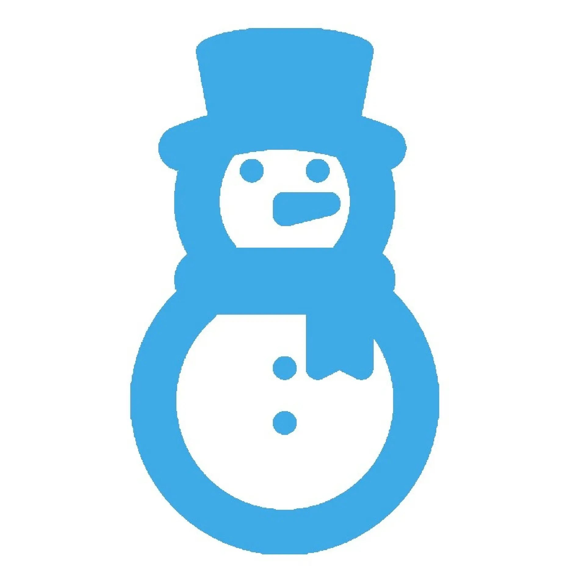 Blå silhuett av en snögubbe med hatt, halsduk, två ögon, en näsa och två knappar på kroppen. Bilden är enkel och stiliserad mot en vit bakgrund. (This text has been generated by AI)