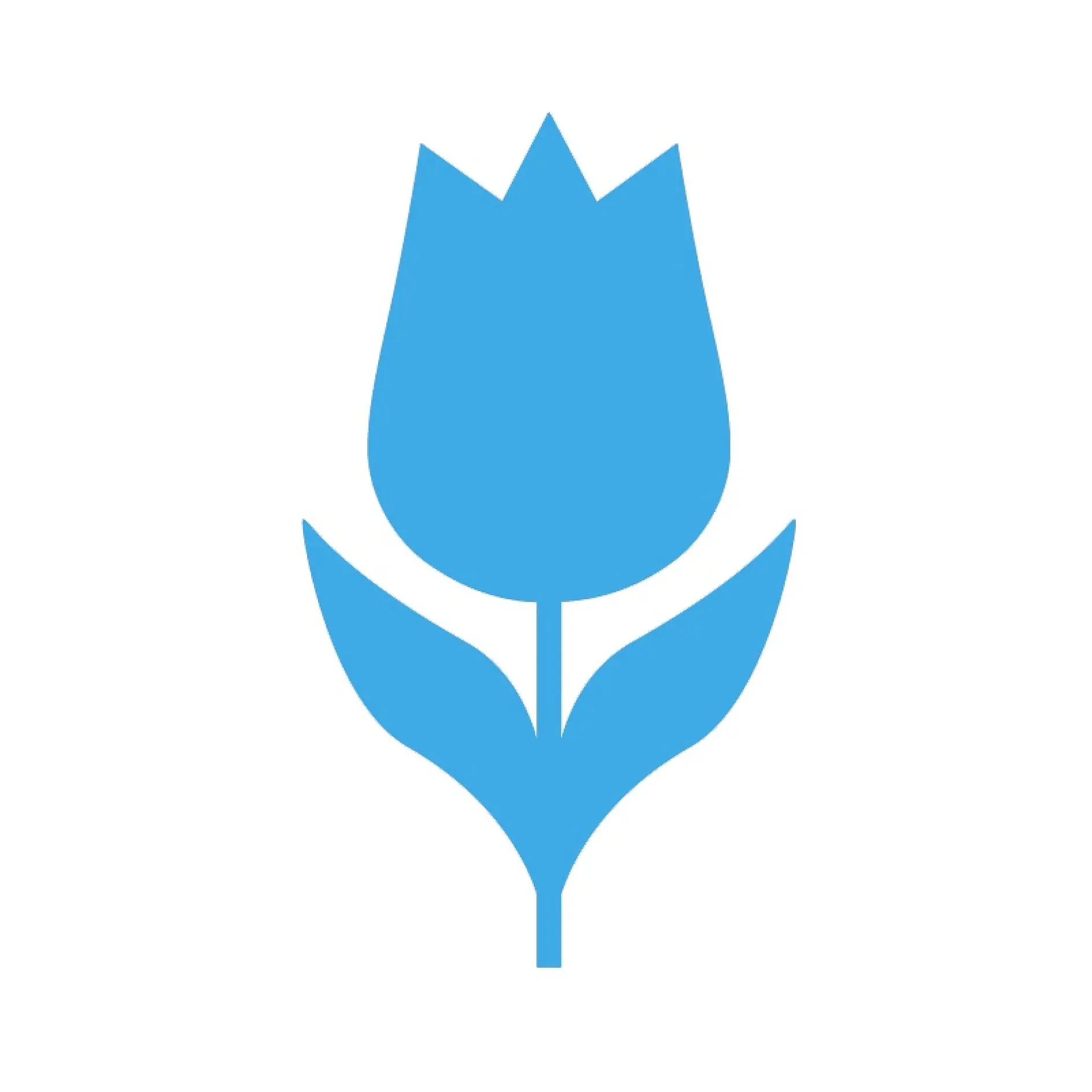 Enkel blå silhuett av en blomma med en stjälk och två blad på en vit bakgrund. (This text has been generated by AI)