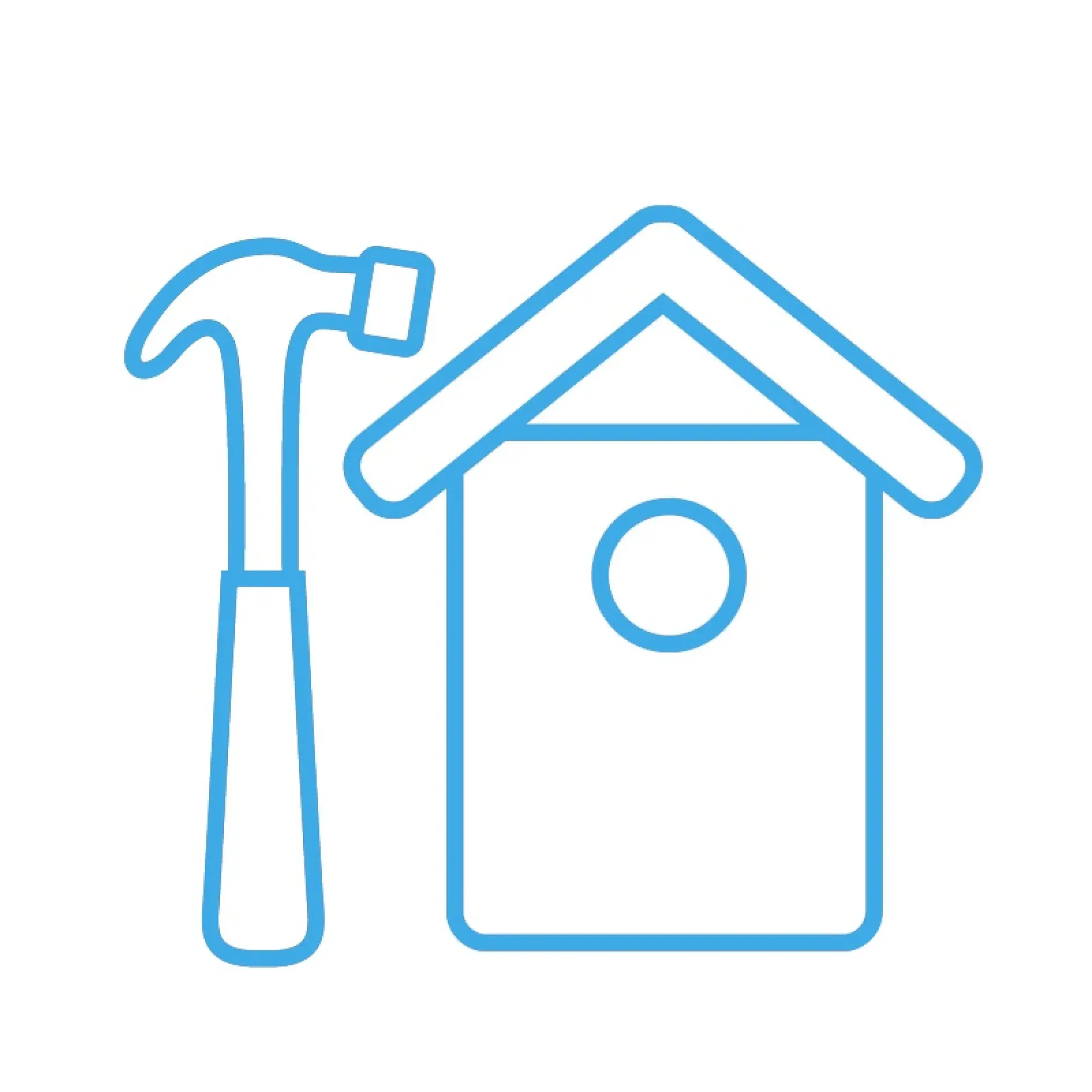 En blå linjeteckning visar en hammare till vänster och ett enkelt fågelhus till höger. Fågelhuset har ett triangulärt tak och en cirkulär ingång. (This text has been generated by AI)