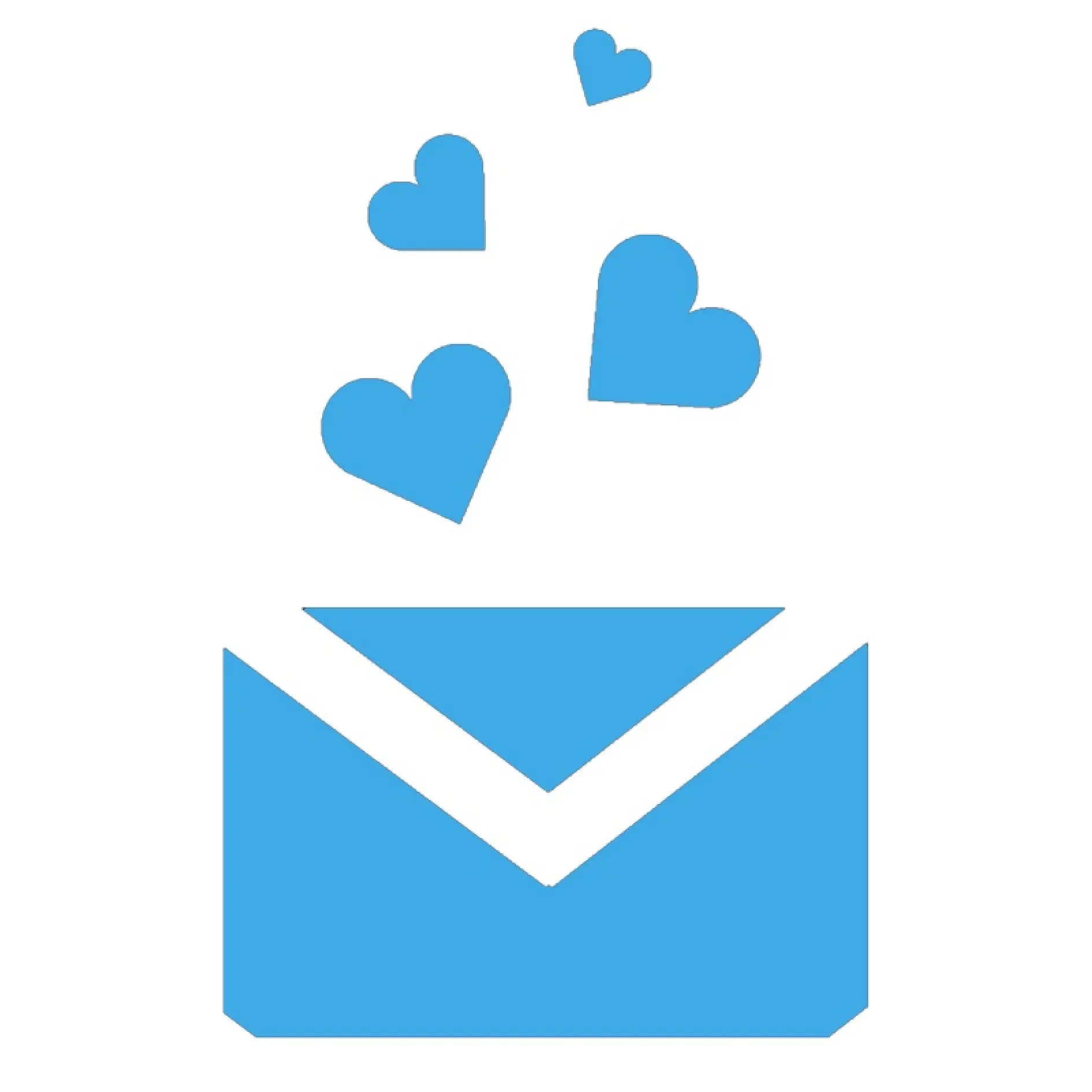 En blå kuvertikon med fyra blå hjärtan som stiger upp från den mot en vit bakgrund. (This text has been generated by AI)