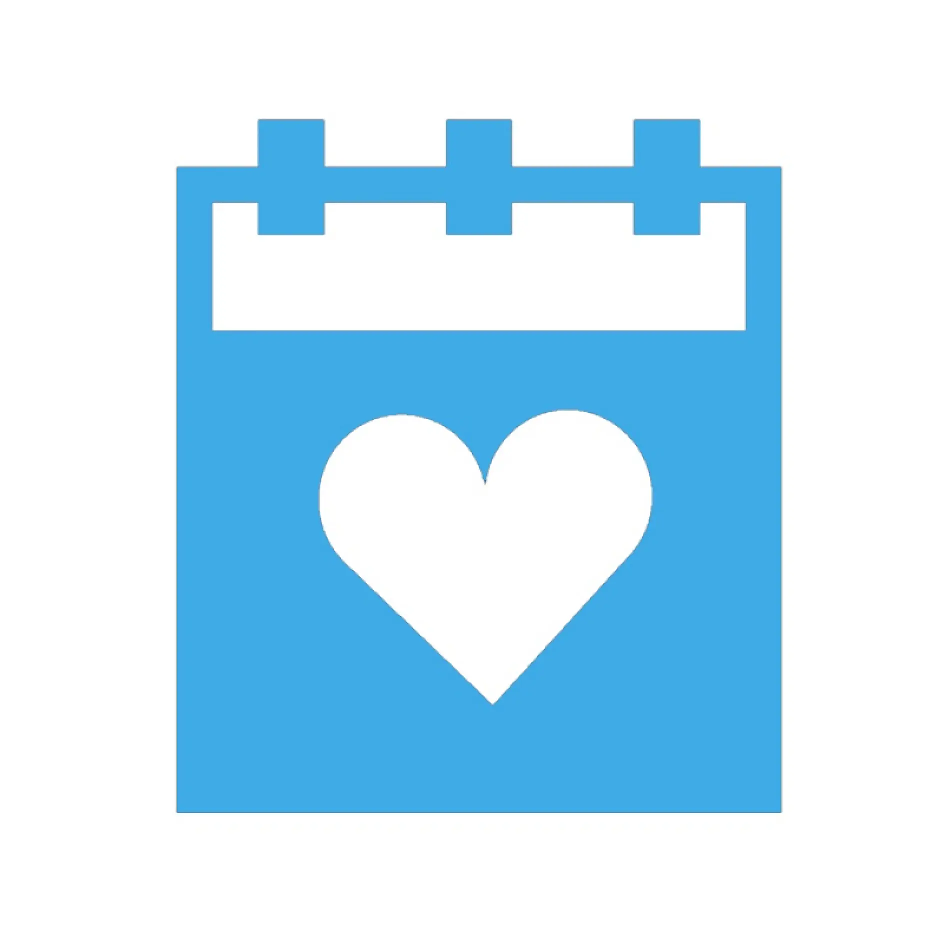 Blå kalenderikon med tre flikar upptill och en vit hjärtsymbol i mitten, mot en vit bakgrund. (This text has been generated by AI)