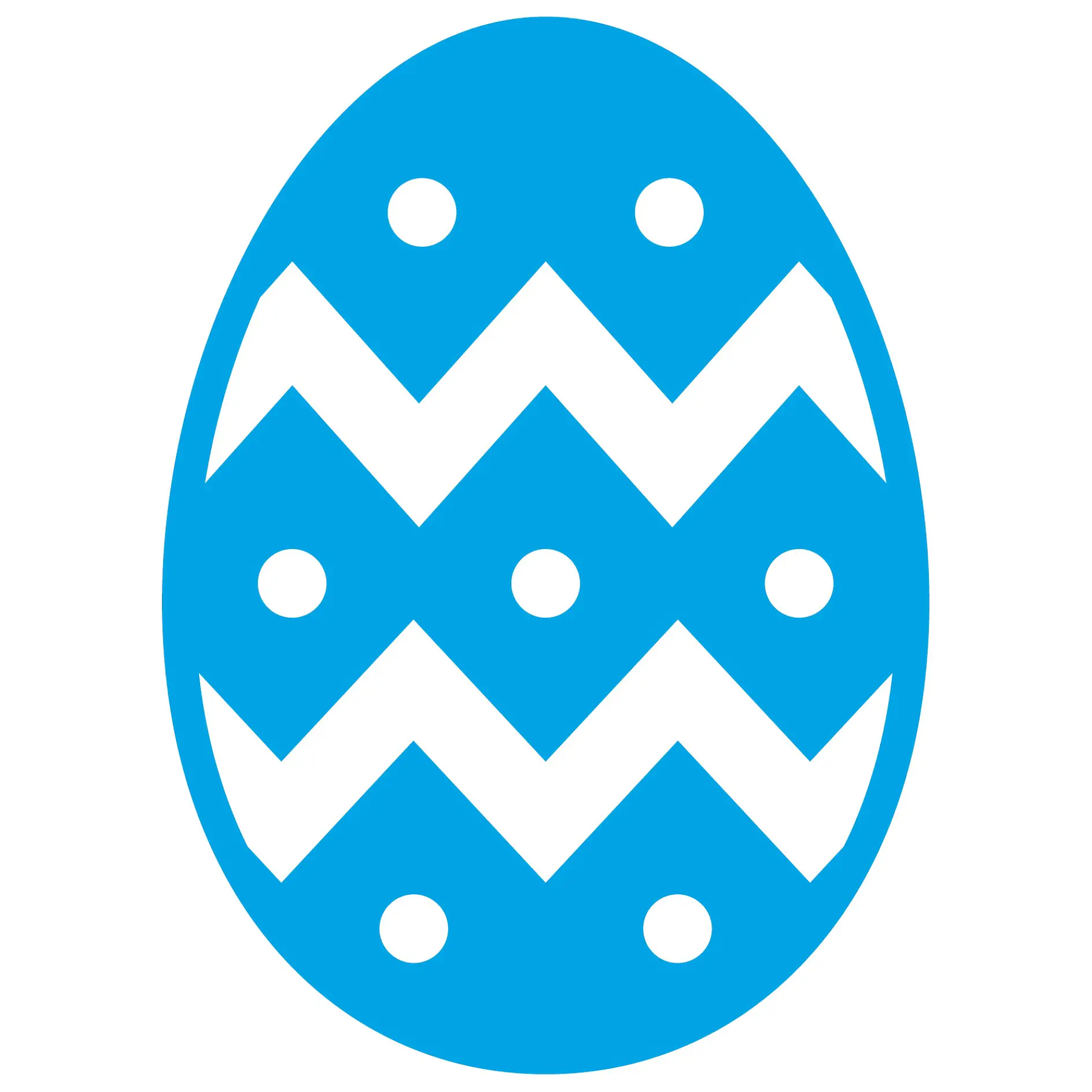 En blå oval med ett vitt sicksackmönster och vita prickar, som liknar ett stiliserat påskäggsmotiv. (This text has been generated by AI)