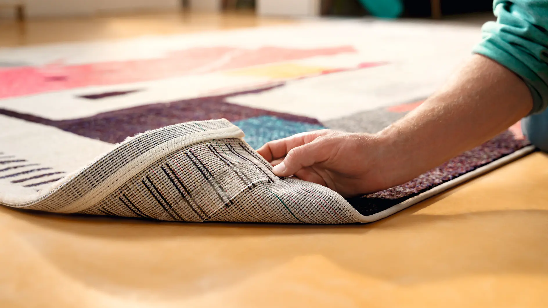 En person lyfter upp hörnet på en mönstrad heltäckningsmatta för att visa undersidan, redo att applicera tesa-tape på ett ljust golv. (This text has been generated by AI)