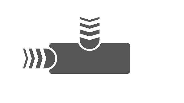 A gray icon showing a rectangular shape with three curved arrows pointing left and three straight arrows pointing right, indicating air flow direction through an object. No mention of any tape needed here to alter. (This text has been generated by AI)
