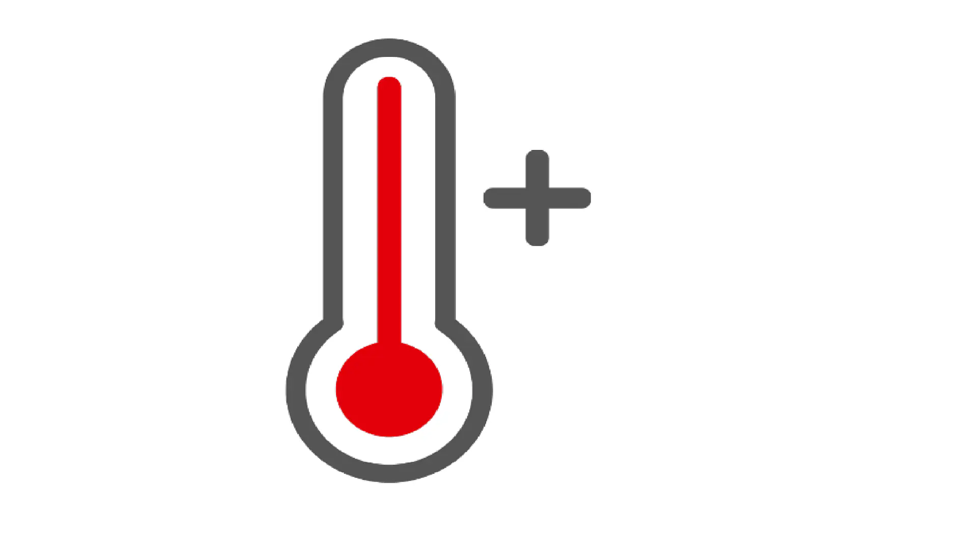 Icon of a thermometer with a red liquid level indicating high temperature. A plus sign is positioned to the right, suggesting an increase in temperature. The thermometer is outlined in gray. (This text has been generated by AI)