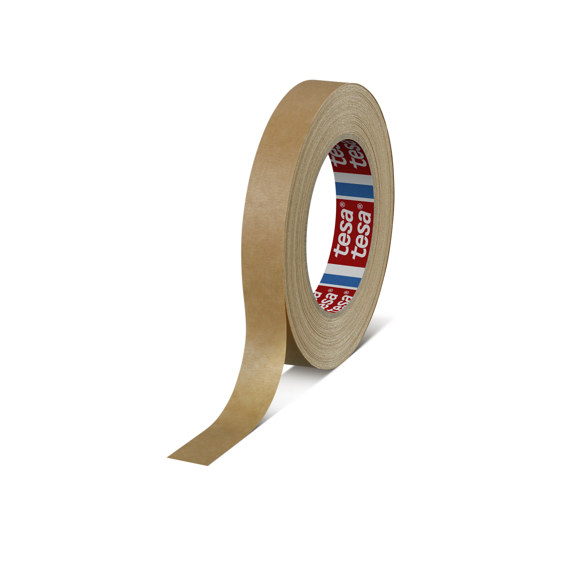 roll of brown tesa adhesive tape standing upright on a white background with a strip partially unrolled (This text has been generated by AI)