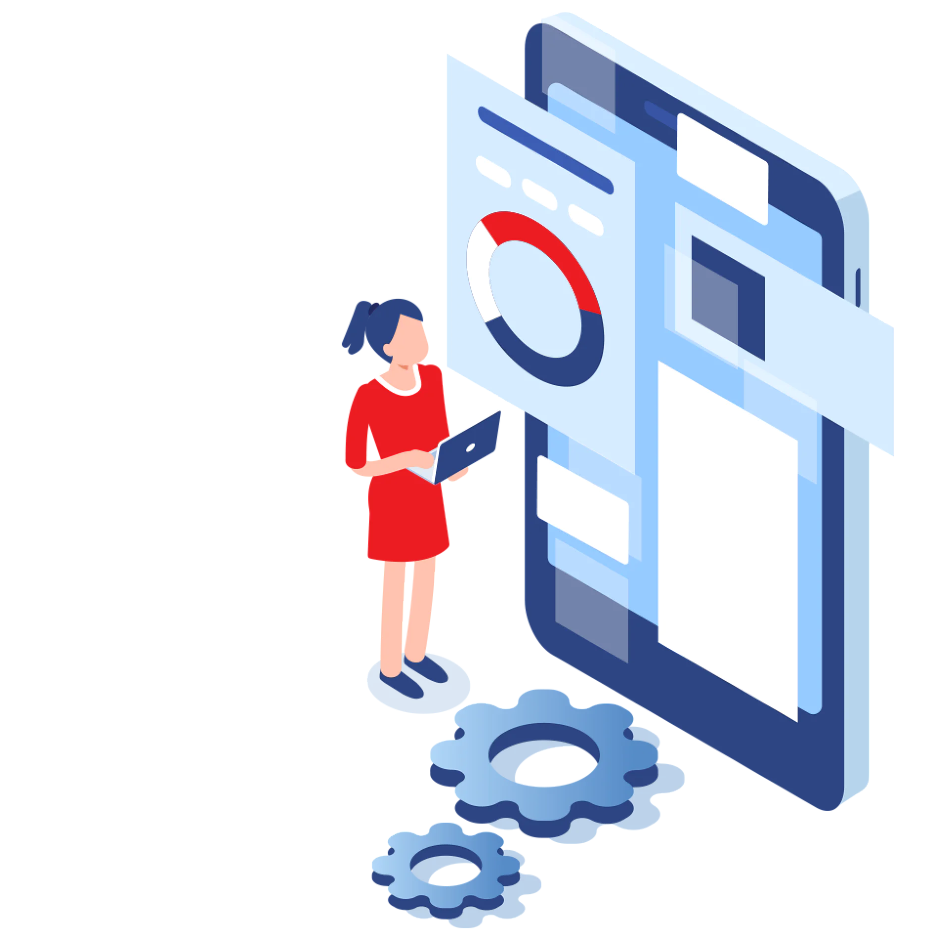 Illustration of a person in a red dress holding a laptop, standing next to a large smartphone displaying charts and graphs. Two large gears are on the ground beside the device, suggesting concepts of technology or productivity. (This text has been generated by AI)