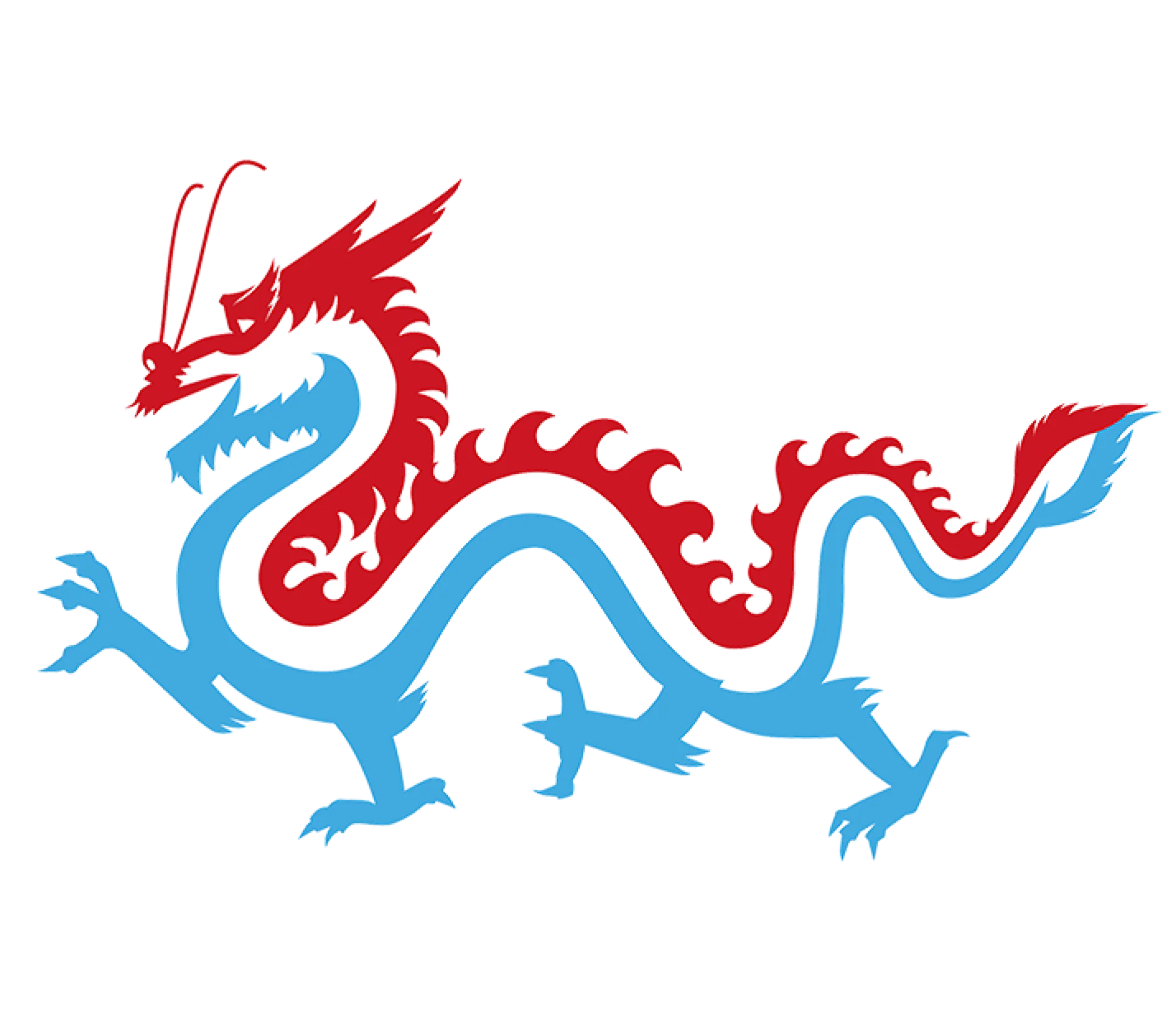 The illustration features a dragon with a stylized design. The dragons body is divided in color, with the front half in red and the back half in blue. It has a curved tail and a long, snake-like body. Its mouth is open, showcasing its prominent horns and claws. (This text has been generated by AI)