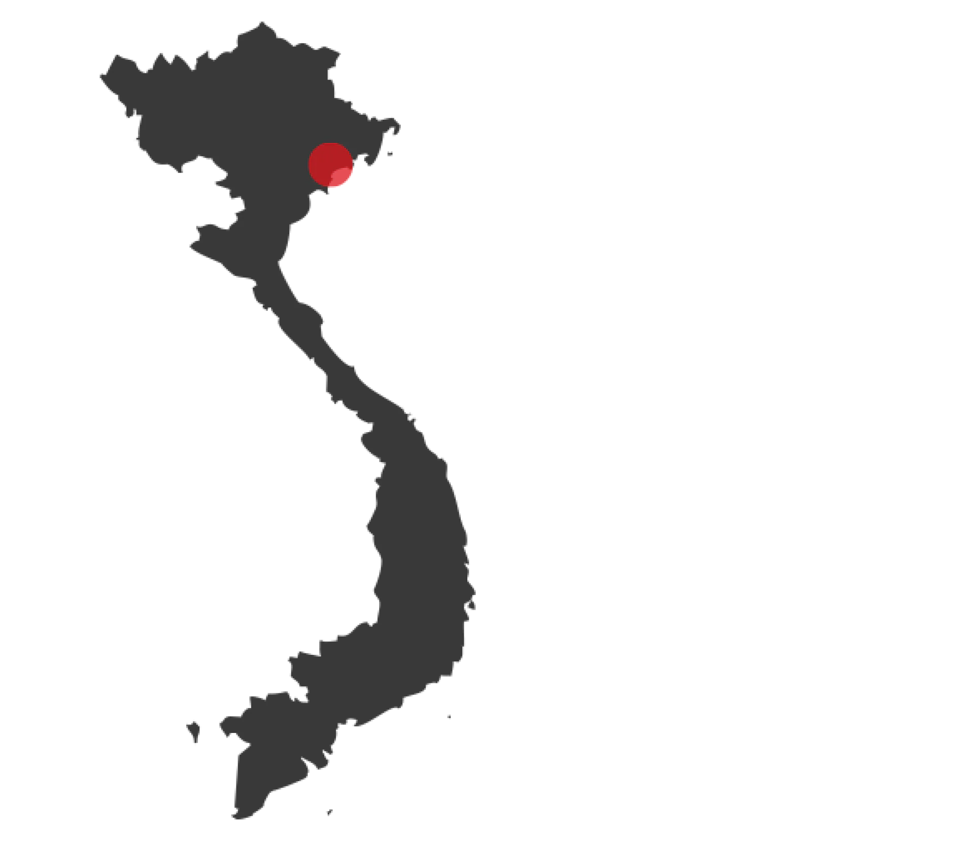 A silhouette map of Vietnam with a red dot marking a location in the northern region, possibly indicating a city such as Hanoi. The map appears in black on a plain white background. (This text has been generated by AI)