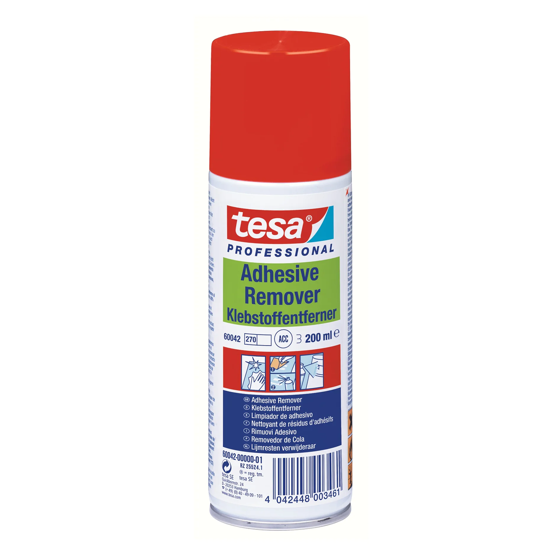 60042 square A can of tesa tape Professional Adhesive Remover with a red cap. The label features text in multiple languages, an illustration of its use, and details such as a 200 ml volume and product codes 60042 and 2720. (This text has been generated by AI)