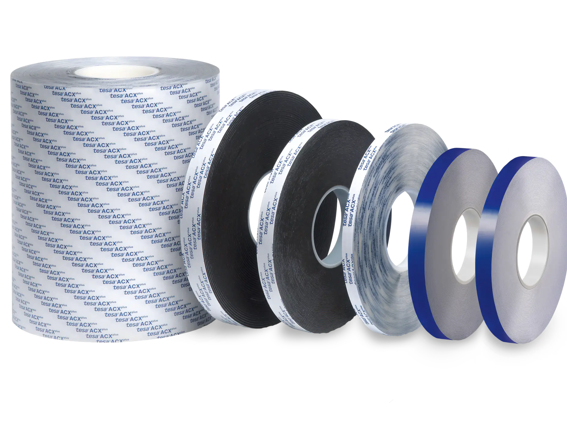 A group of six tesa tape rolls of various widths and colors is displayed. The rolls vary in size and are lined up from largest to smallest. The tesa tapes have different textures and patterns, including a branded design on the leftmost roll. (This text has been generated by AI)