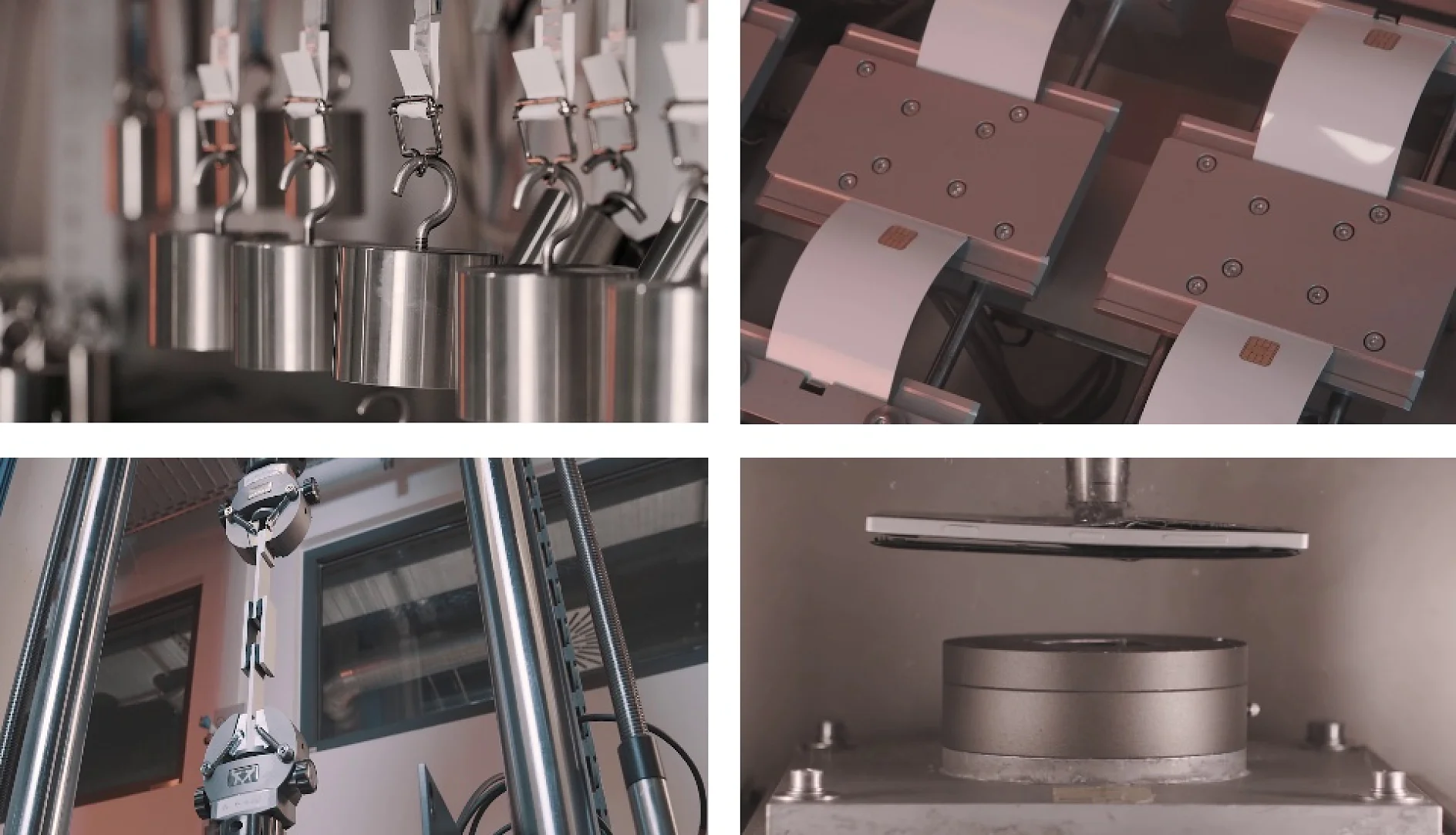 Four images display various mechanical testing equipment. Top left: metal clamps holding samples with tesa tape. Top right: components of a testing device secured with tesa tape. Bottom left: equipment with gauges and dials, enhanced by the use of tesa tape. Bottom right: metal disk under a compression press, fixed in place using tesa tape. (This text has been generated by AI)