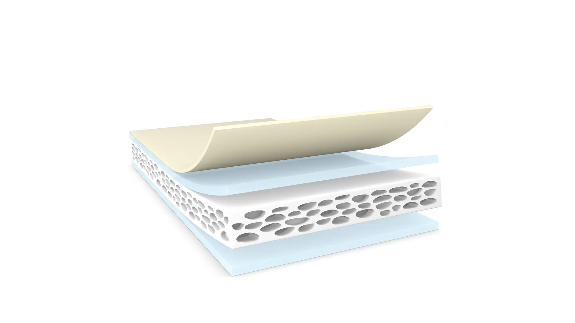 A cross-sectional illustration shows a three-layered material using tesa tape. The top layer is a thin, beige sheet. The middle layer is a white foam with oval cavities. The bottom layer is a smooth, light blue sheet bonded with tesa tape. (This text has been generated by AI)