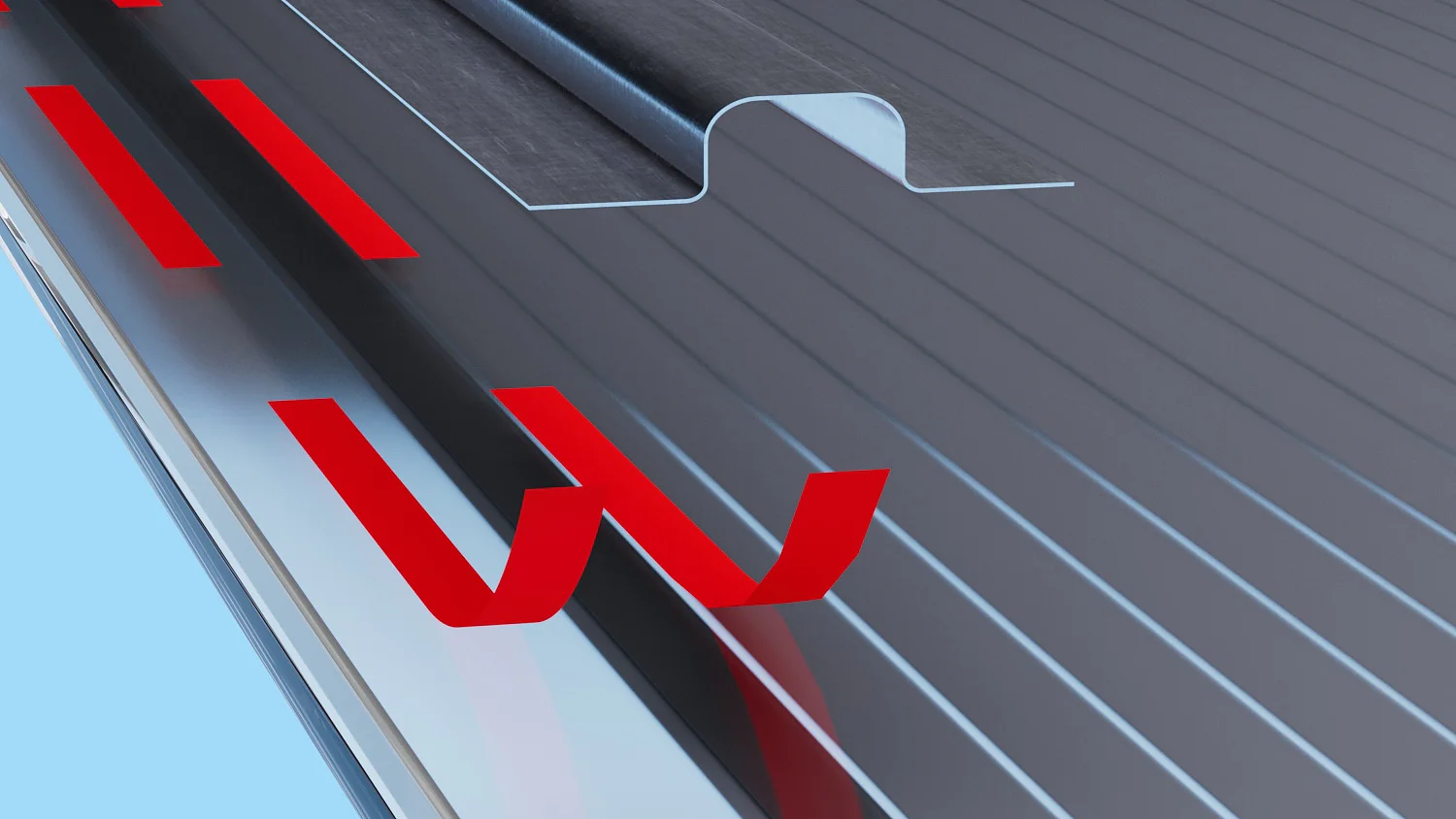 Close-up of a solar panel with a textured surface. Red markings and lines are visible on the panel, along with a raised section of glass secured with tesa tape. The panel is set against a light blue background. (This text has been generated by AI)