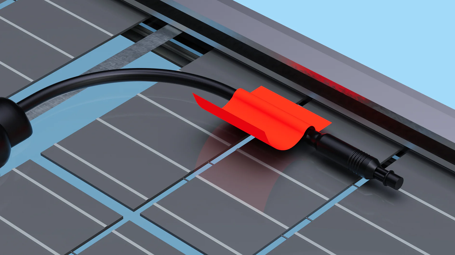 Close-up of a solar panel with a black electrical connector and a red clip attached to one of its cables using tesa tape. The panel features multiple rectangular photovoltaic cells arranged in rows. The background is a plain light blue. (This text has been generated by AI)