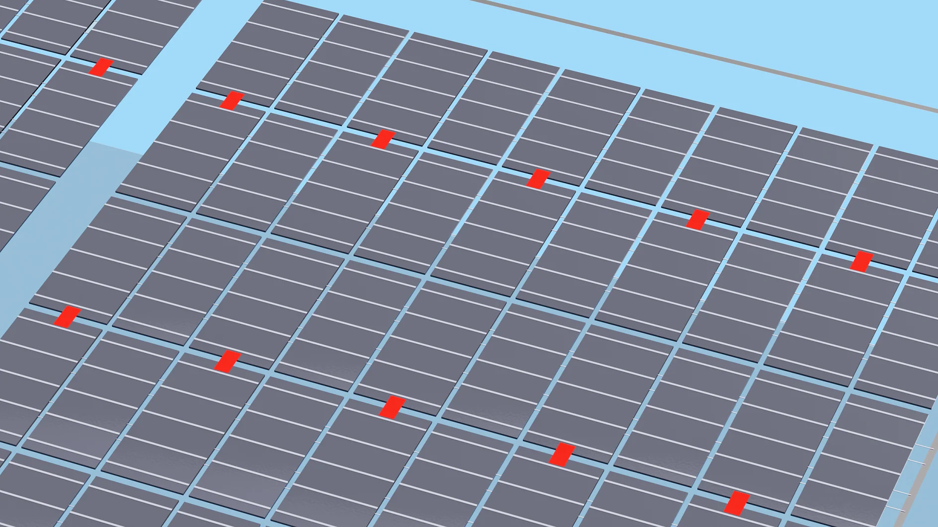 Aerial view of an array of solar panels with several small red arrows indicating specific points across the panels. The background is a light blue, resembling the sky. (This text has been generated by AI)