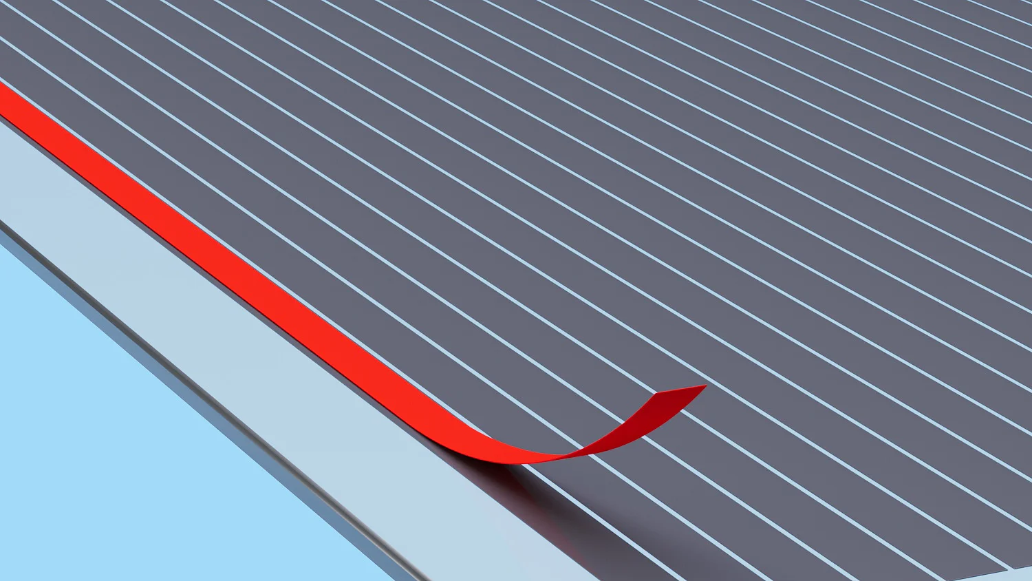 A close-up of a sheet with thin, parallel, white lines on a dark surface. A strip of red tesa tape is partially peeled back from the sheet, revealing the light blue background underneath. The sheet and tesa tape are arranged at an angle. (This text has been generated by AI)