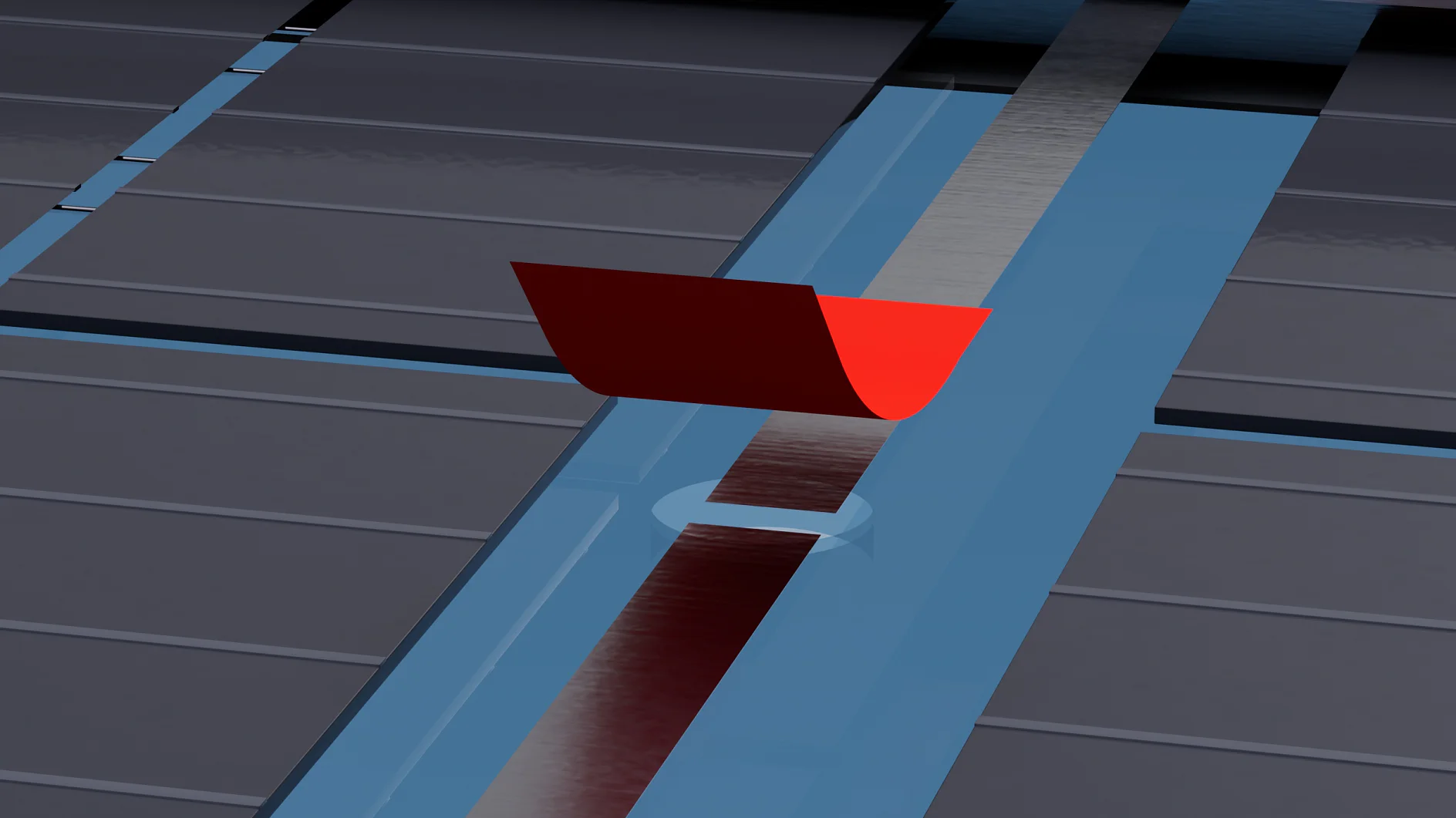 A 3D illustration depicting a red object resembling a boat on a narrow, blue waterway. The boats reflection is visible on the water. The background features a grid-like pattern with the dark rectangular sections that appear to be held together by tesa tape. (This text has been generated by AI)