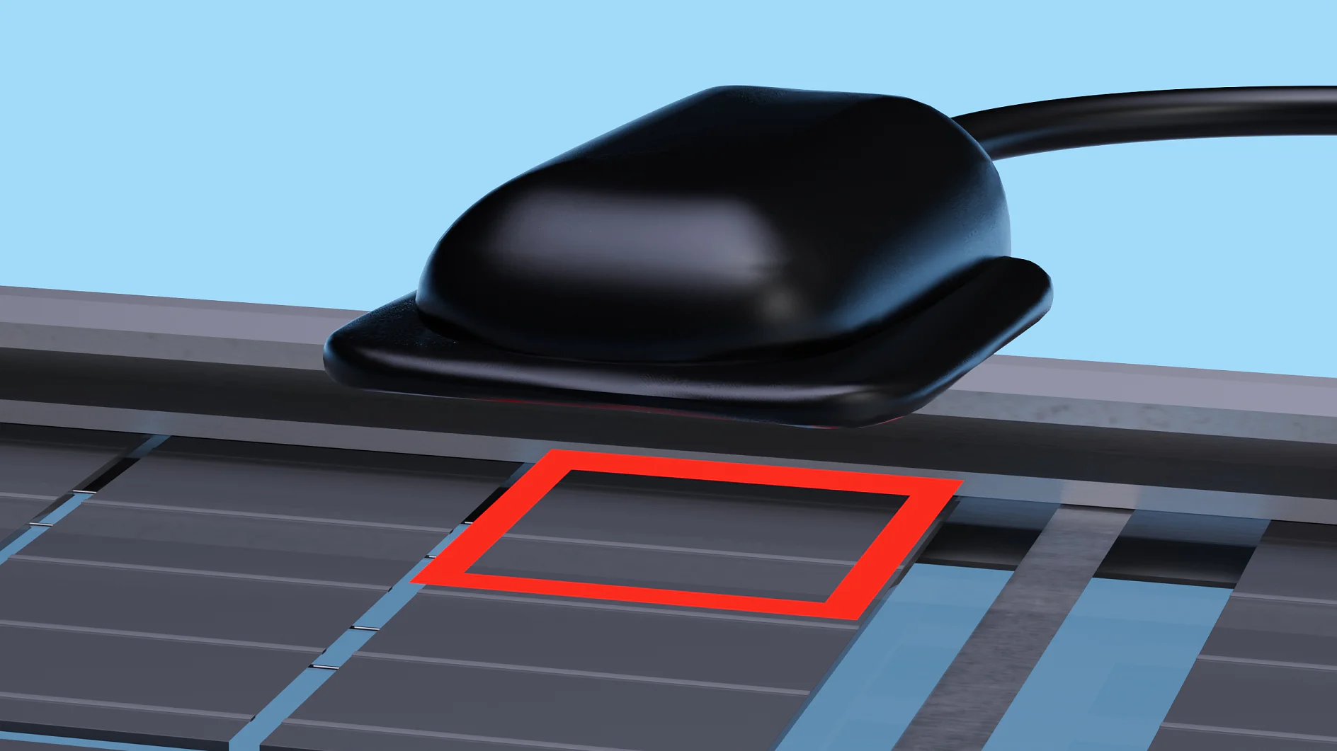 A black sensor is positioned above a grid of solar panels with a focus on a red square marking on one of the panels. The background is light blue, highlighting the setup of the solar technology. (This text has been generated by AI)