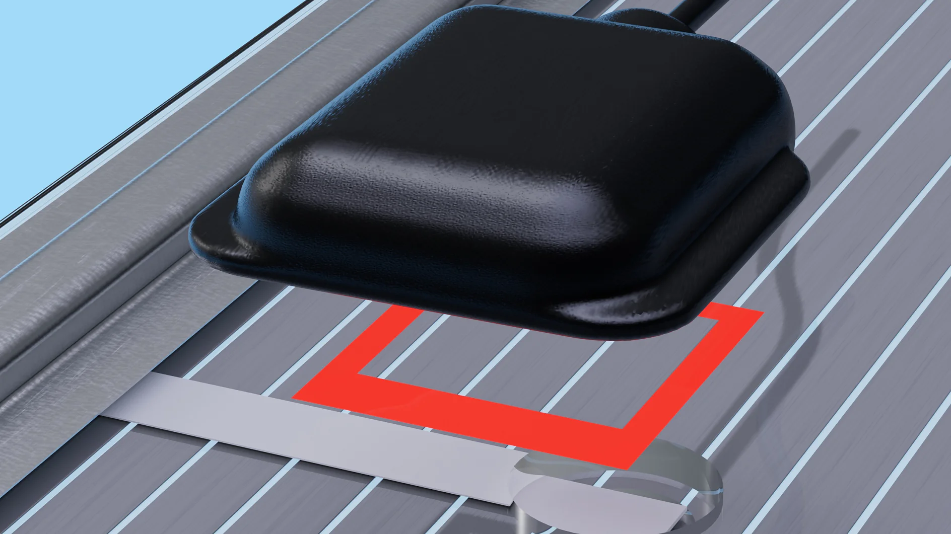 Close-up of a black sensor device positioned on a surface with parallel lines. A connected cable extends from the sensor, and a red, square-shaped line is highlighted on the surface beneath it, marked with tesa tape. The background is light blue. (This text has been generated by AI)