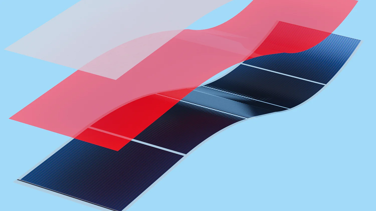 A digital illustration shows a stack of transparent and colored layers, including a reflective blue-toned sheet made with tesa tape, on a light blue background. The layers, created using tesa tape, appear to be flexible and are arranged in a flowing, wavy pattern. (This text has been generated by AI)