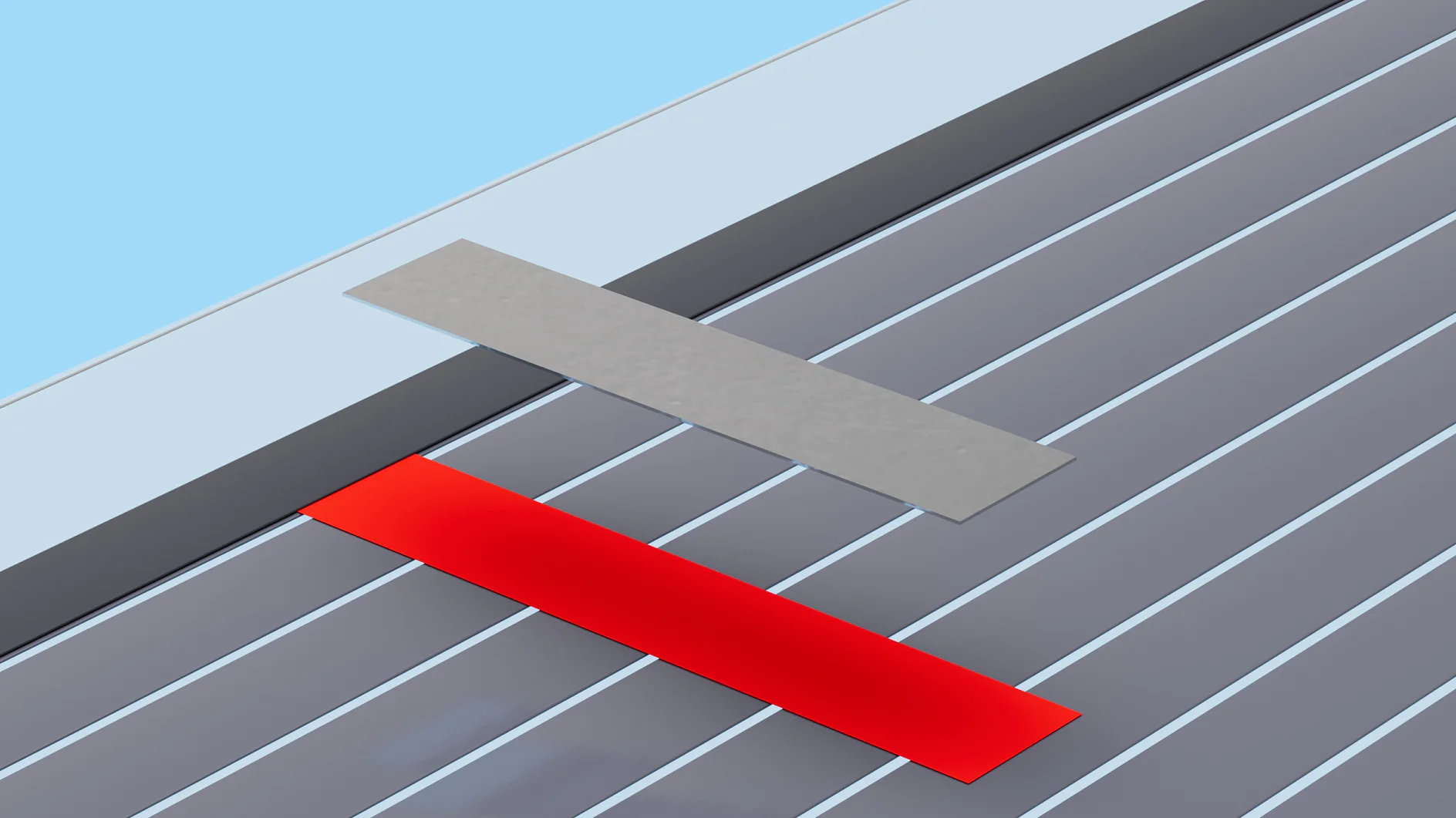 A long gray rectangular object is positioned above a bright red rectangle, both situated over a vertically-striped gray and blue surface. The background is a light blue, suggesting a sky or open space. (This text has been generated by AI)