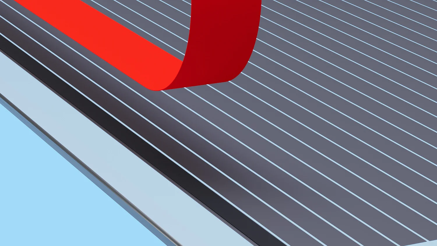 A close-up of a gray flat surface with a grid pattern, featuring a strip of red tesa tape being peeled away. The surface is shown at an angle, with a blue background. (This text has been generated by AI)