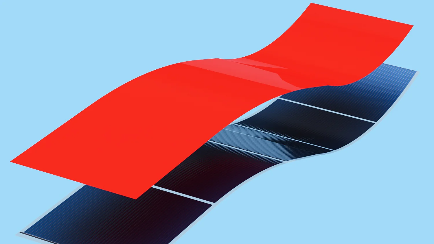 Abstract composition featuring a flexible solar panel partially covered by a vibrant red sheet secured with tesa tape, set against a light blue background. The elements appear to be bending in the middle, suggesting movement or tension. (This text has been generated by AI)