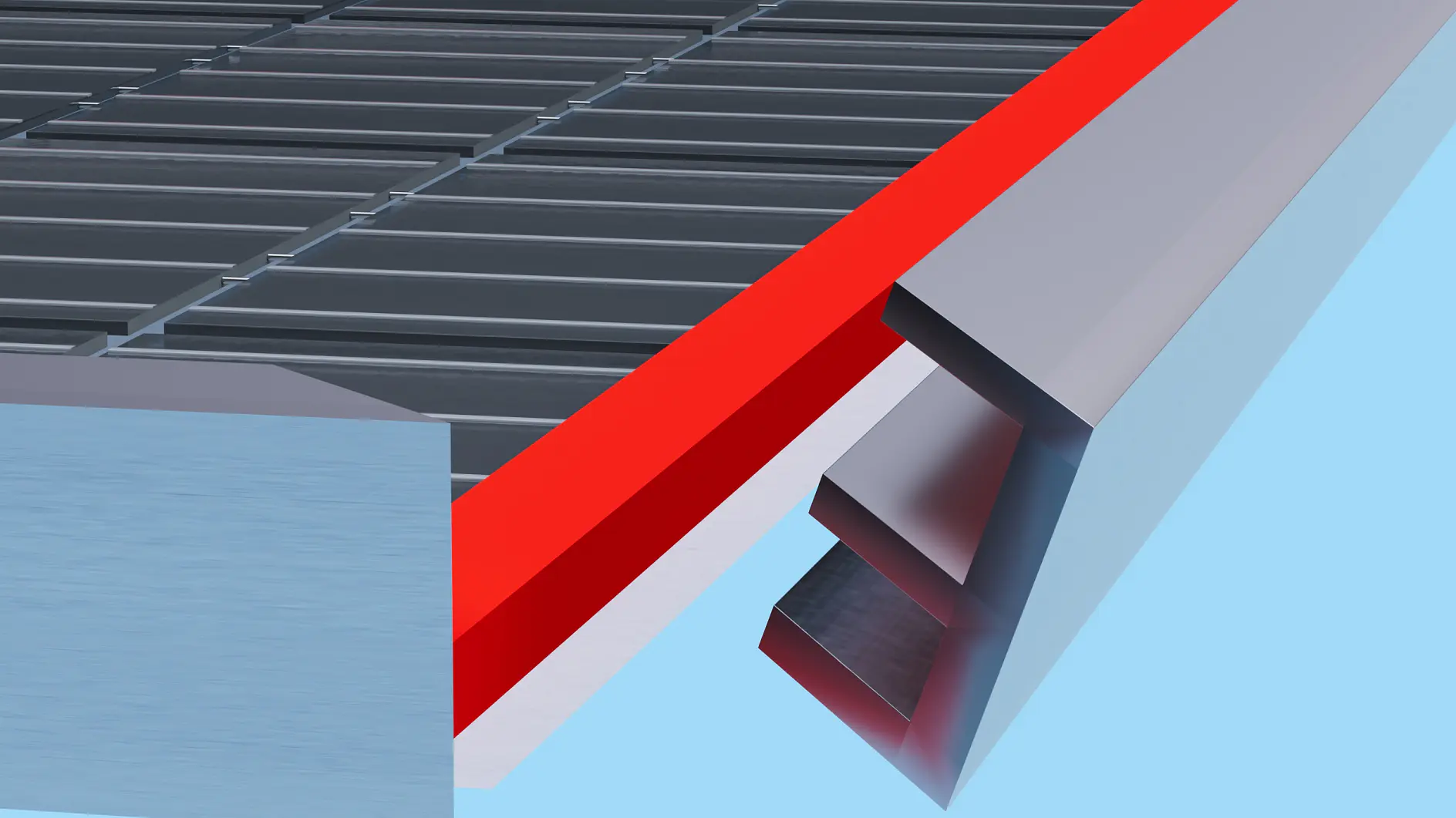 A digital rendering of a metal grating surface with a red border. A side view shows a metal frame and multiple parallel slats. The background is a solid light blue color. The image focuses on the edge and structure of the grating, which is enhanced using tesa tape along its edges for added clarity and definition.