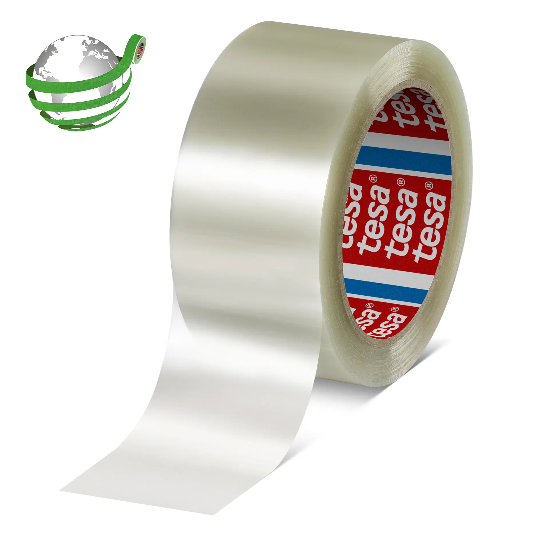Clear adhesive tape roll with red and blue tesa branded core, isolated on white background, used for sealing and packaging. (This text has been generated by AI)