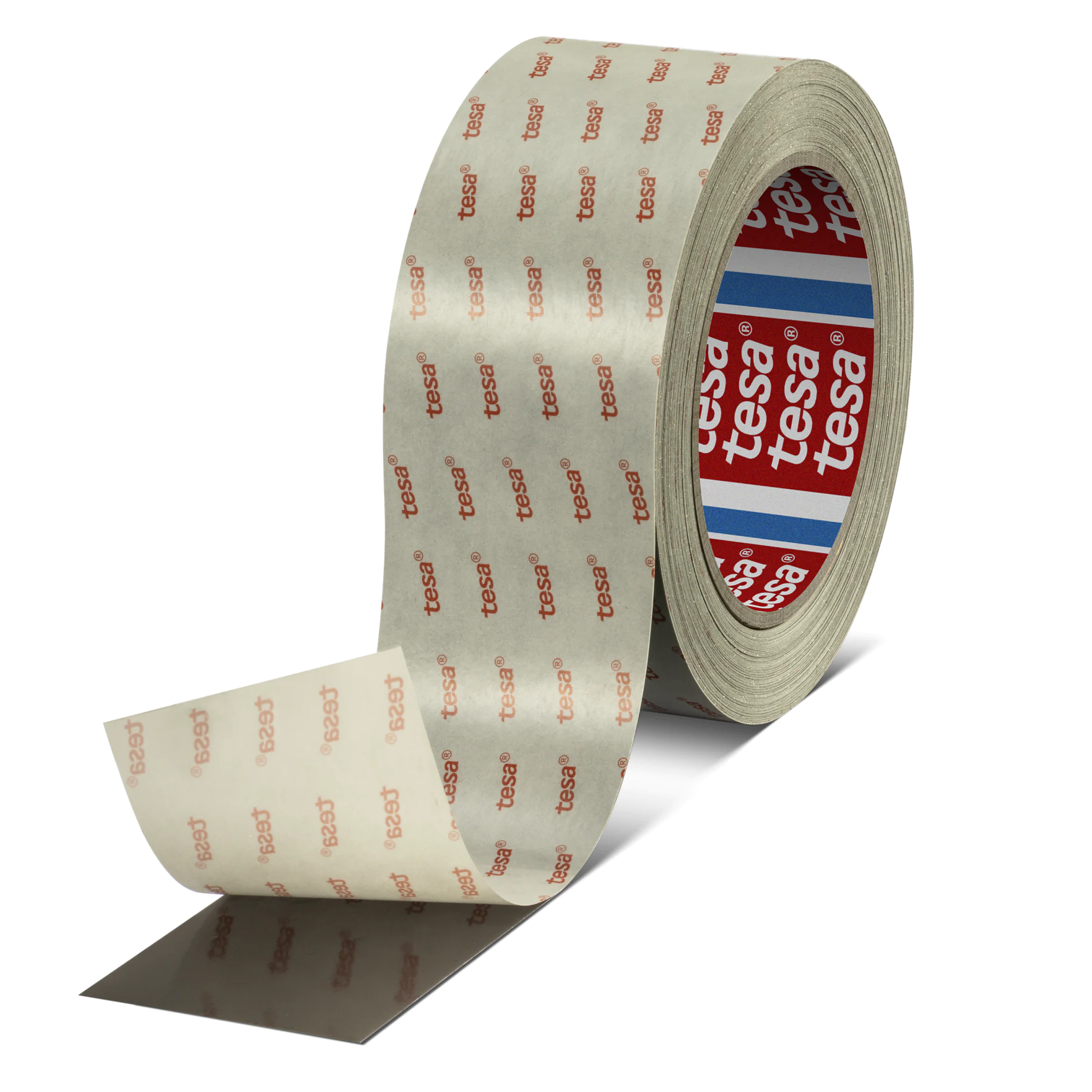 Roll of tesa branded clear adhesive tape partially unrolled on a white background, showing red logo on the tape backing. (This text has been generated by AI)