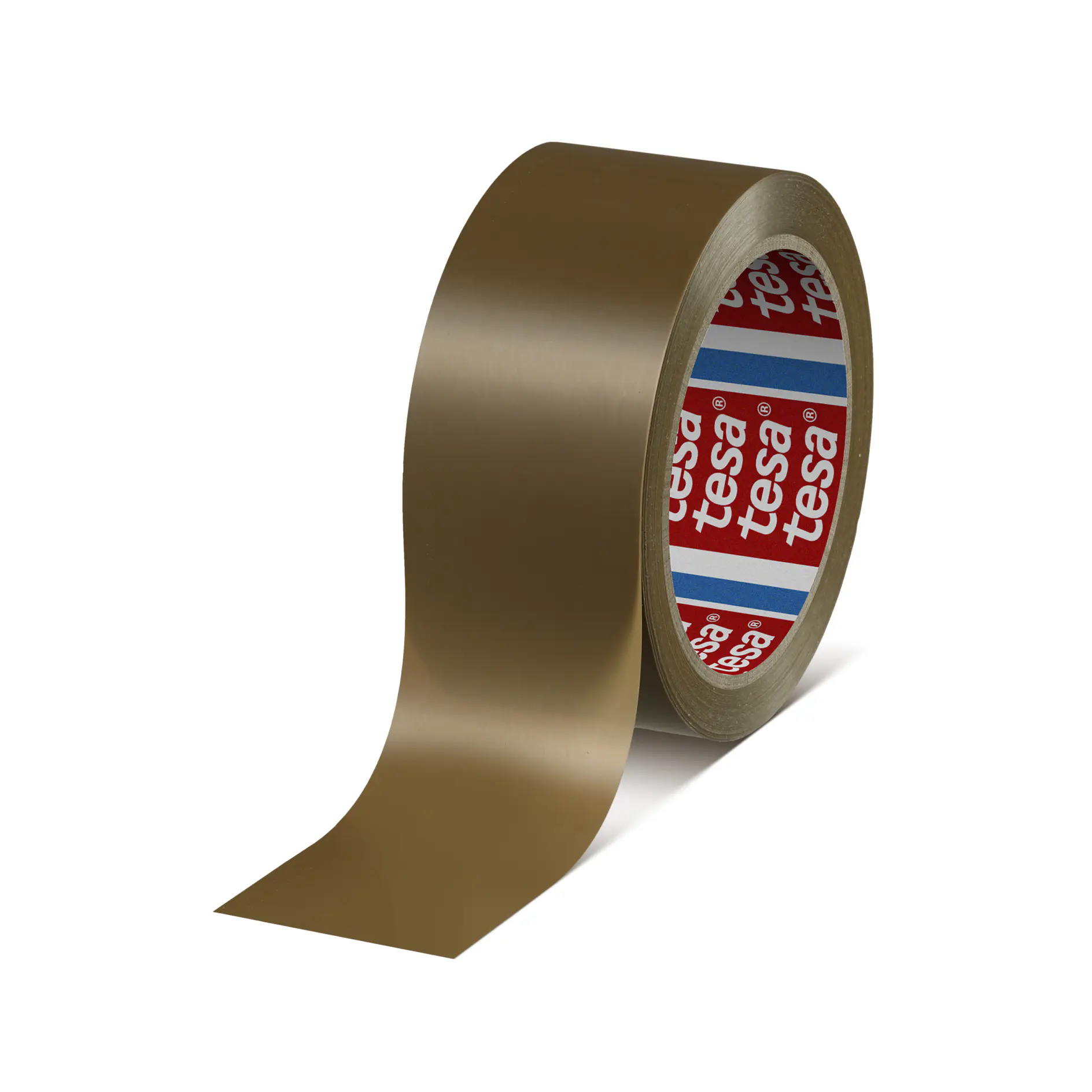 brown adhesive tape roll with tesa branding on the inner core, isolated on white background (This text has been generated by AI)
