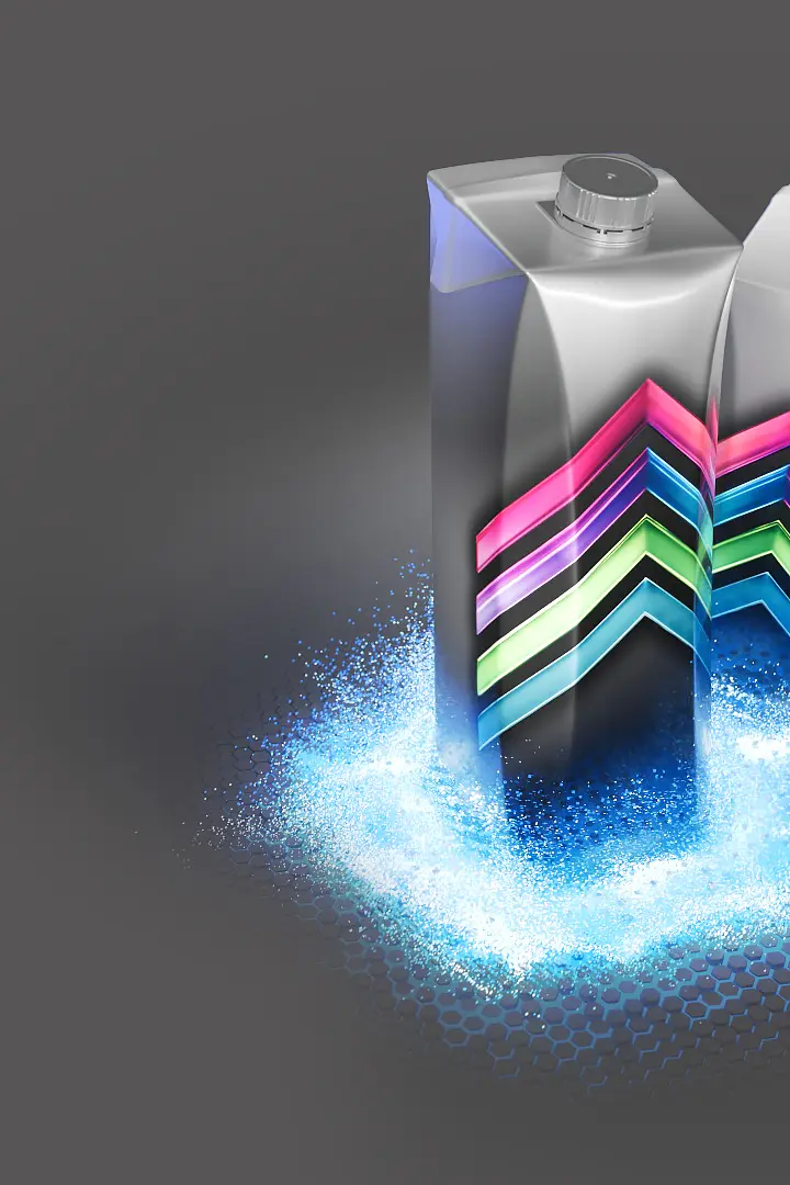 Two metallic cartons with caps are shown on a gray background. They have colorful, zigzagging stripes in pink, blue, and green. A blue, glowing aura surrounds the bases of the cartons, creating a dynamic visual effect. (This text has been generated by AI)
