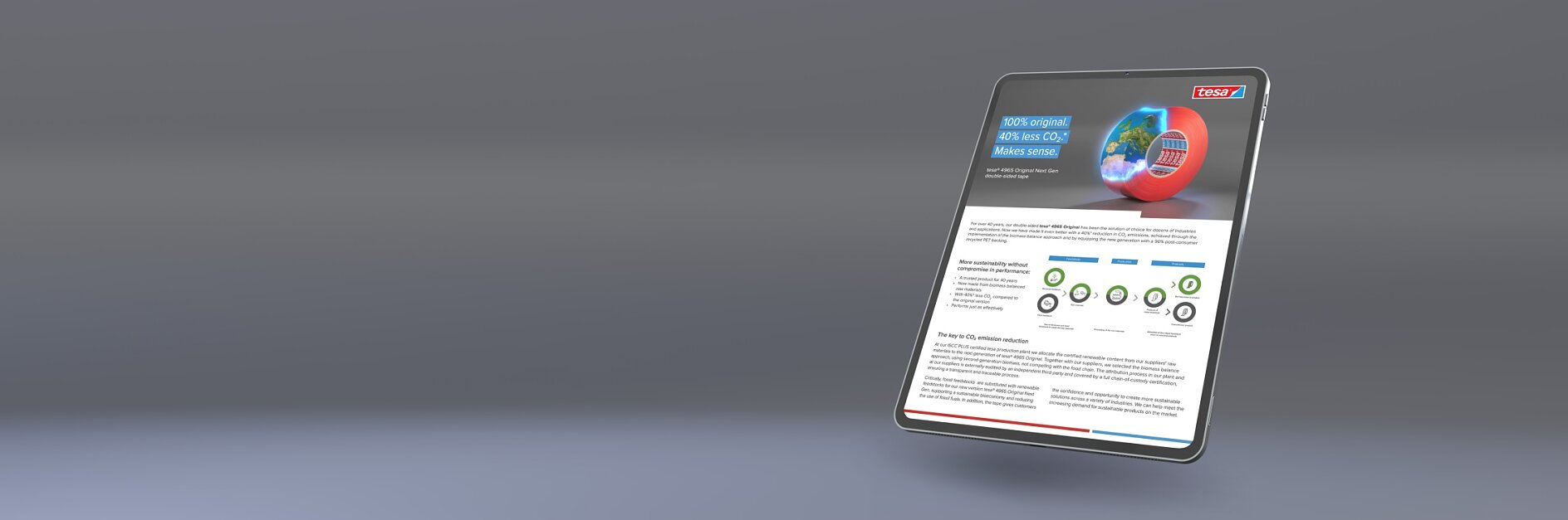 A digital tablet displaying a business-themed article. The screen shows a blue and red circular graphic, several sections of text, and an array of small icons in a row. The background is a gradient of gray tones. (This text has been generated by AI)