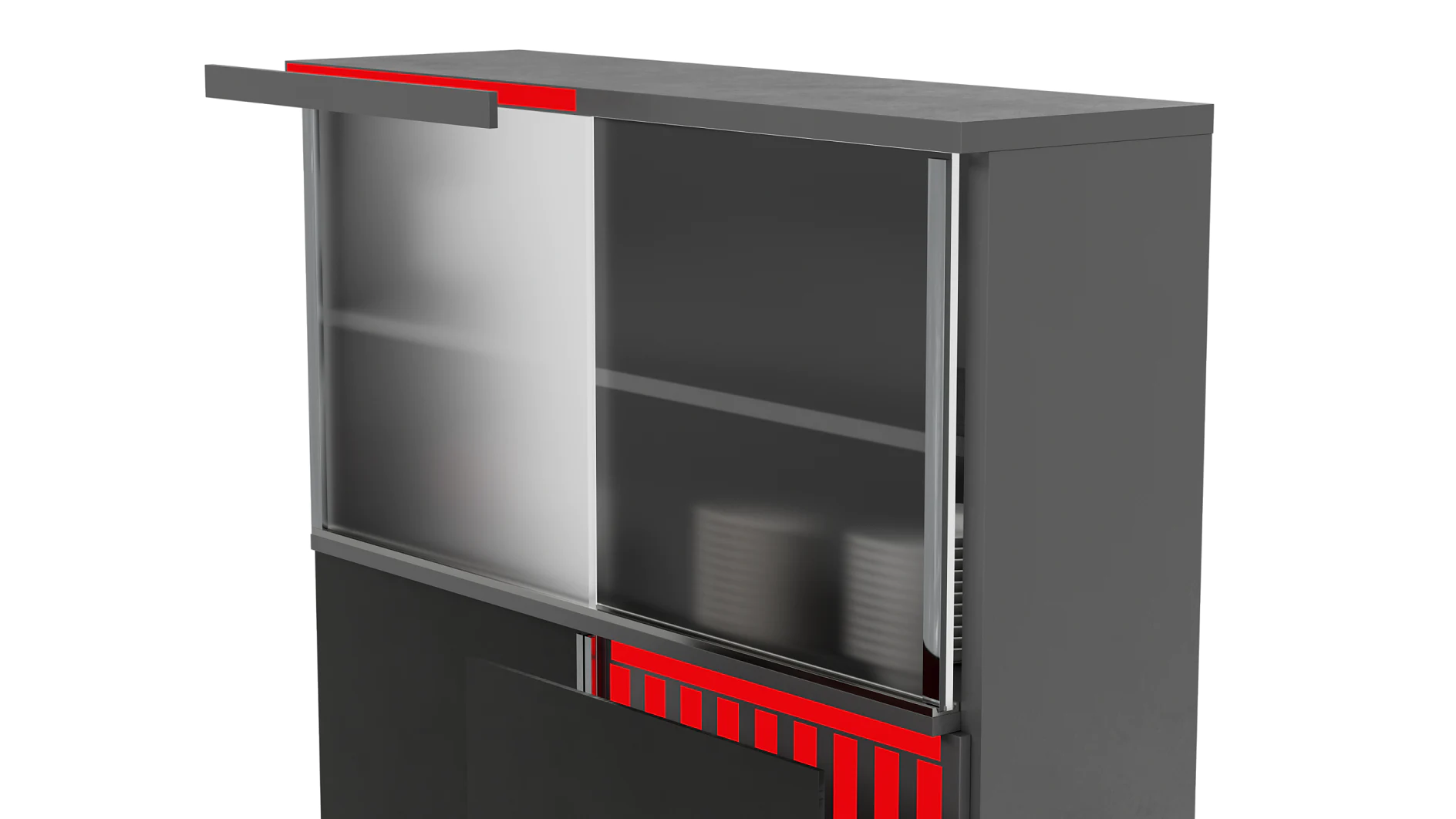 A gray cabinet with a sliding door, featuring a red and black design at the bottom. The door is partially open, revealing two shelves with a couple of gray cylindrical objects inside. (This text has been generated by AI)