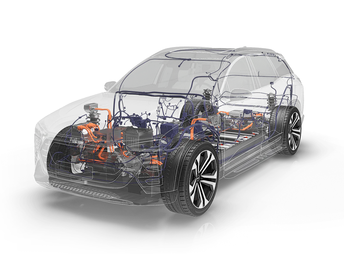 bu-es-3dcar-4-3 โมเดล 3 มิติโปร่งใสของรถยนต์แสดงส่วนประกอบภายในรถยนต์ รวมถึงเครื่องยนต์ แบตเตอรี่ และระบบสายไฟ รูปภาพเน้นระบบกลไกและระบบไฟฟ้าของรถยนต์ โดยเน้นที่การกำหนดค่าระบบส่งกำลัง โดยใช้เทป tesa เพื่อยึดส่วนประกอบต่างๆ ให้เข้าที่. (This text has been generated by AI)