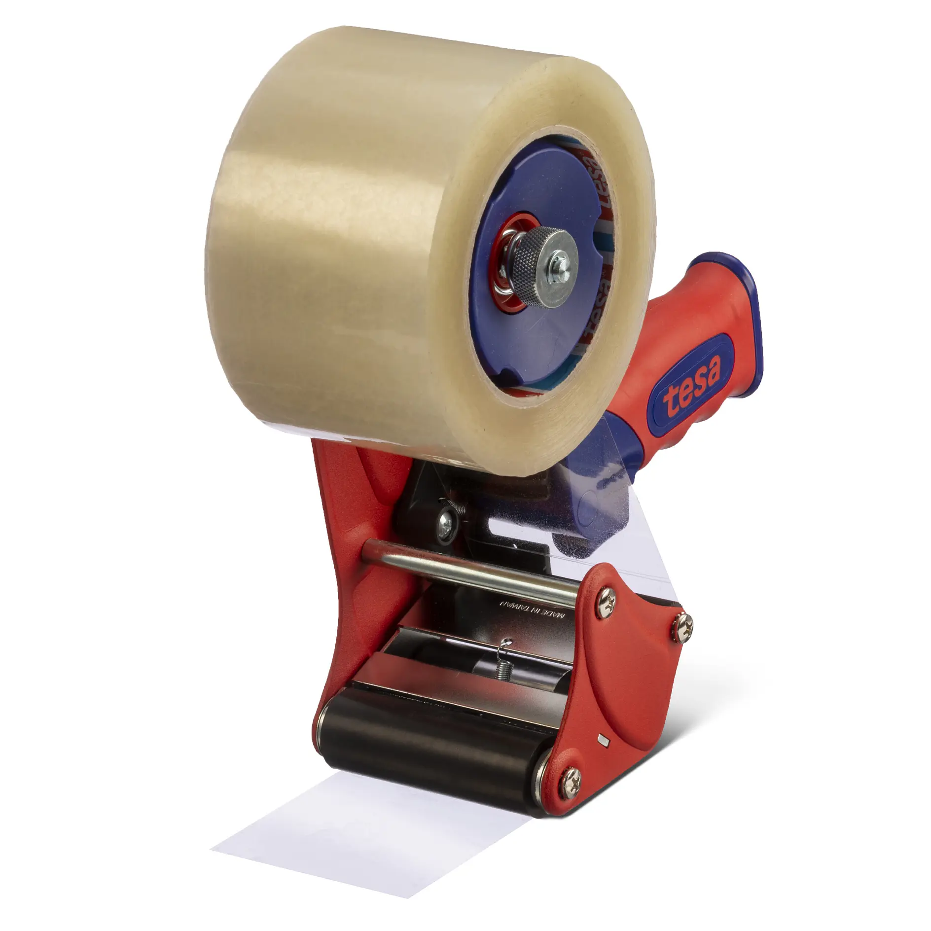 tesa branded red and blue handheld tape dispenser with clear packing tape roll on white background (This text has been generated by AI)
