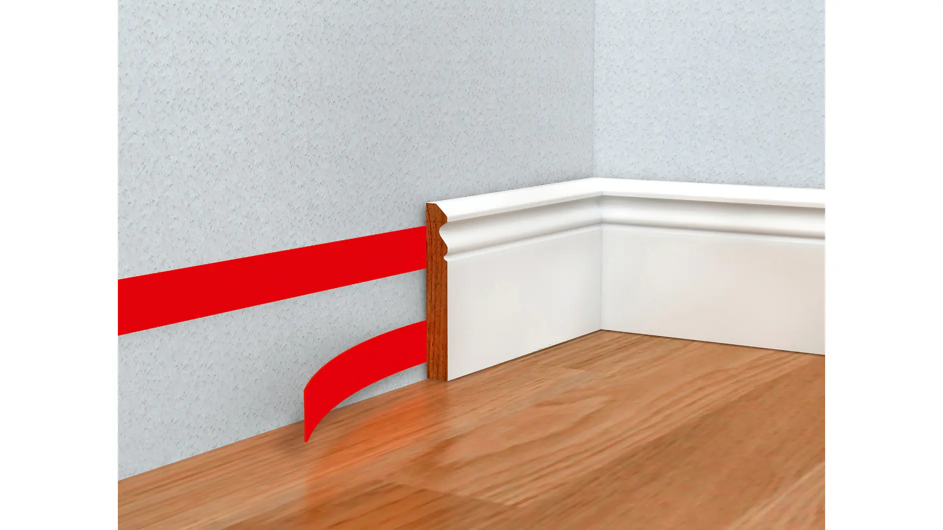 corner of a room with white baseboard molding being installed over wooden floor and gray wall, red tesa tape partially peeled back (This text has been generated by AI)