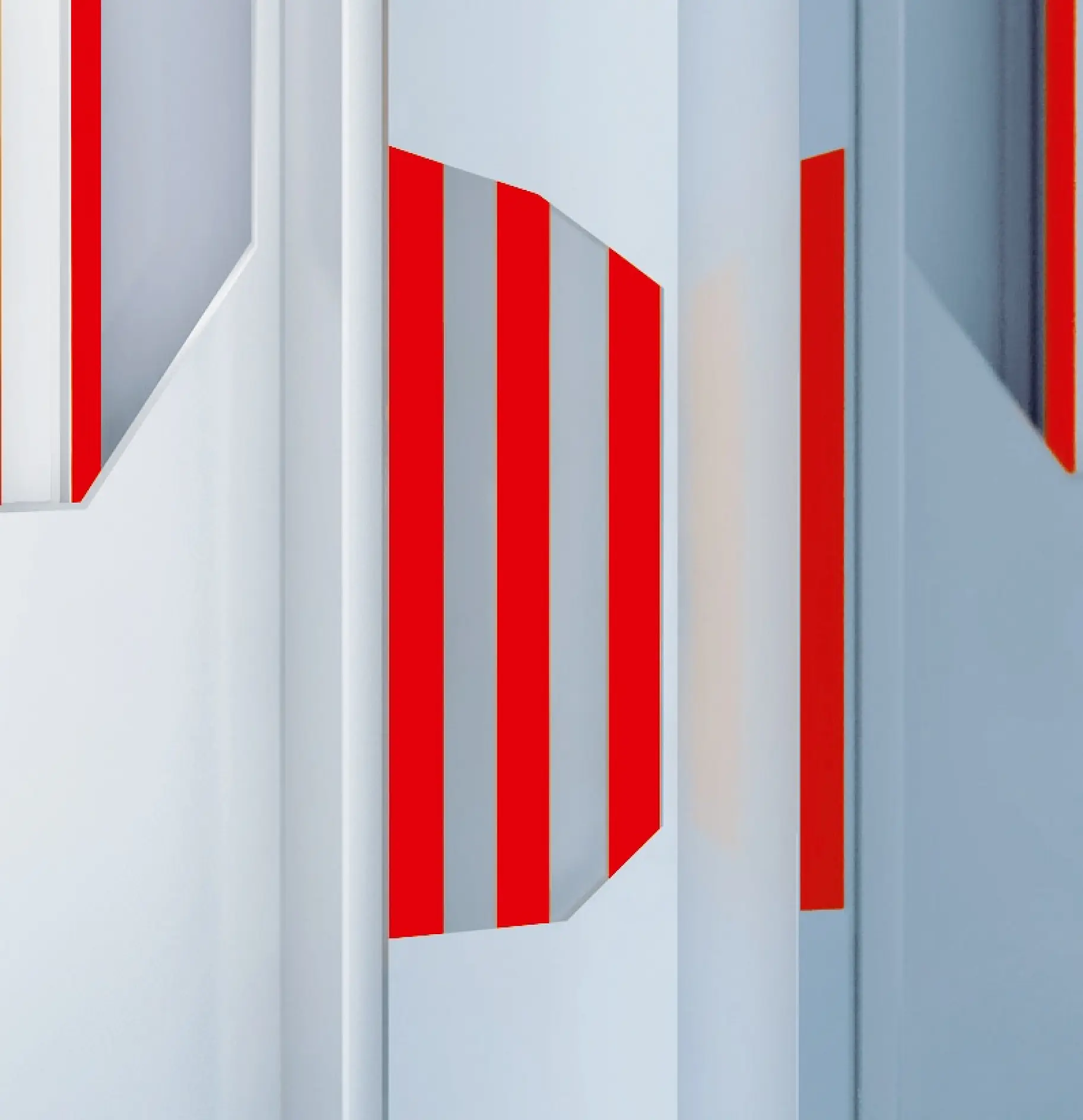 tesa branded white and red adhesive tapes arranged vertically on a light gray background in a minimalistic indoor setting (This text has been generated by AI)