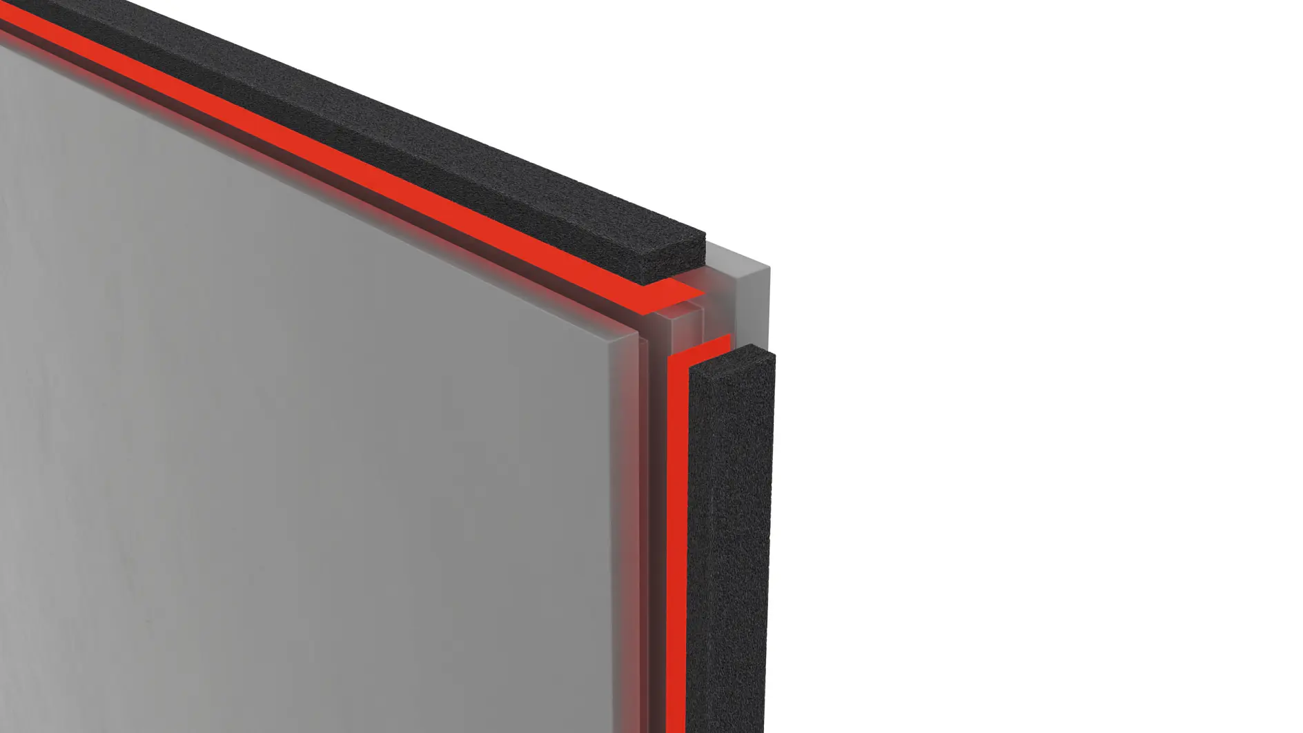 close-up view of a tesa adhesive tape edge profile with a gray surface and red accents. (This text has been generated by AI)