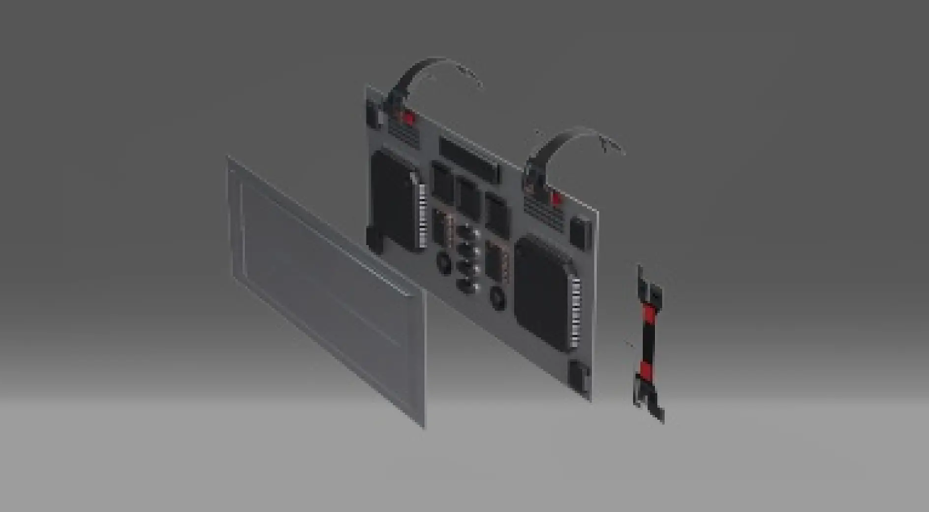 A digital rendering of a disassembled electronic device showing multiple panels. The components include two large circuit boards with connectors and various components, tesa tape, flat cables, and a separated front panel, all set against a plain background. (This text has been generated by AI)