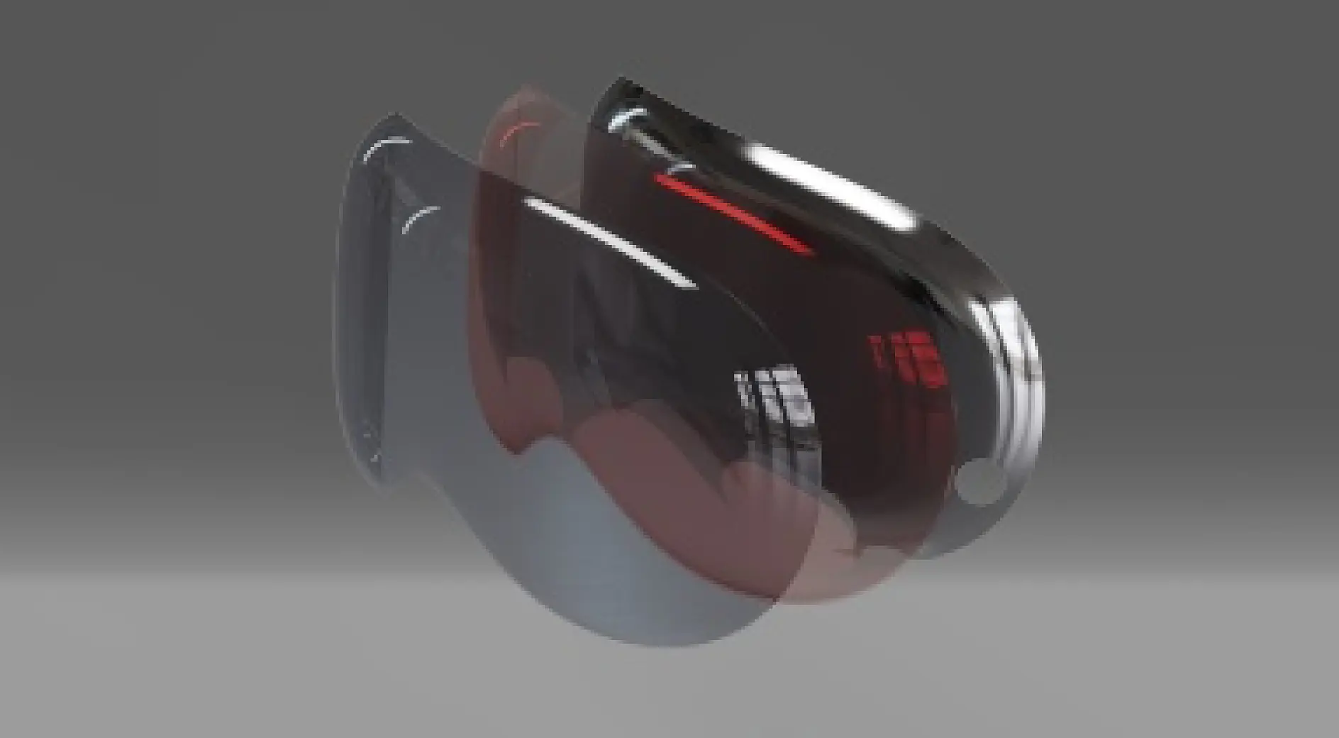A pair of sleek, futuristic glasses with a reflective, dark surface is suspended against a gradient gray background. The glasses have a curved design with a glossy finish, suggesting a high-tech or virtual reality function. (This text has been generated by AI)
