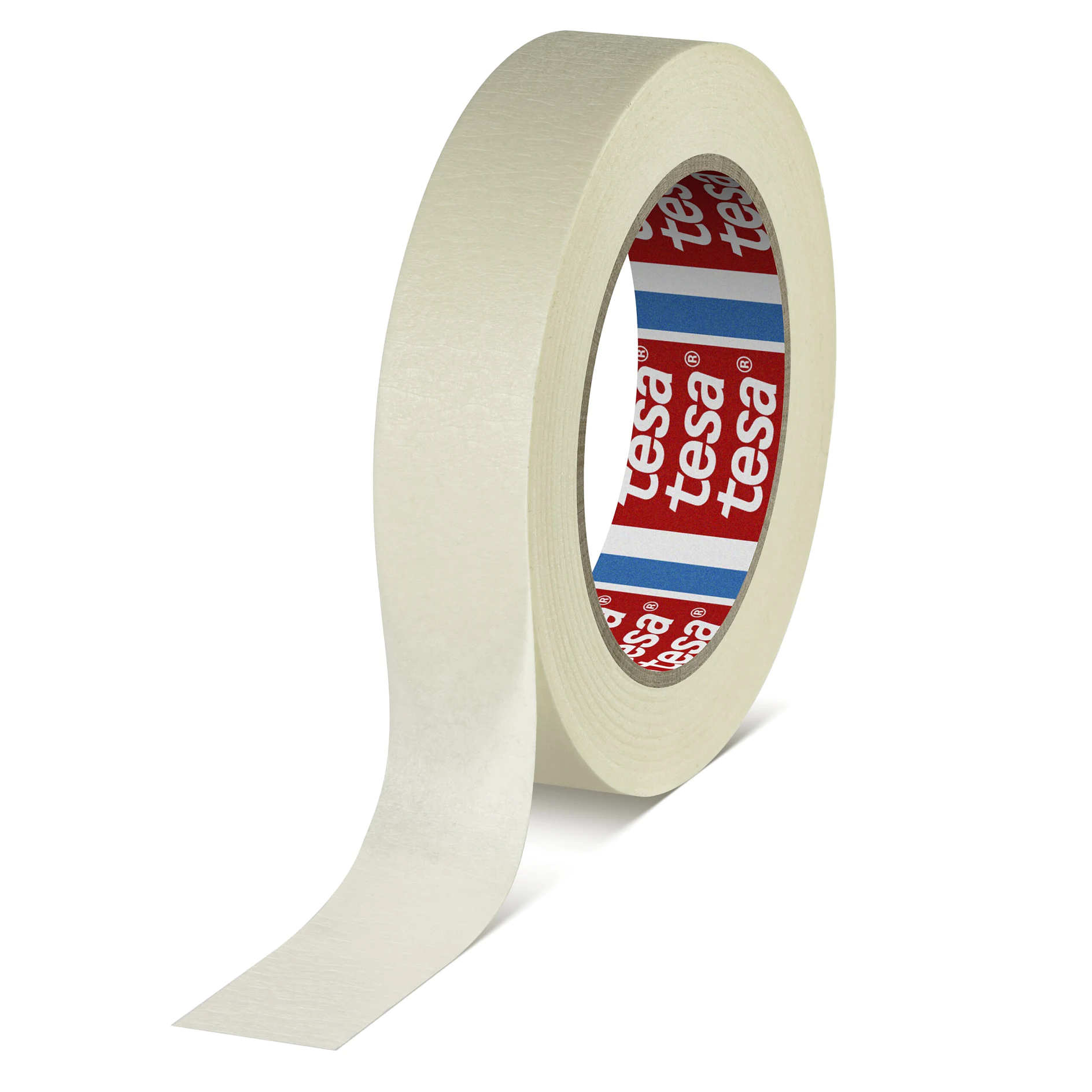 roll of tesa brand white adhesive tape with a partially unrolled strip on a white background (This text has been generated by AI)