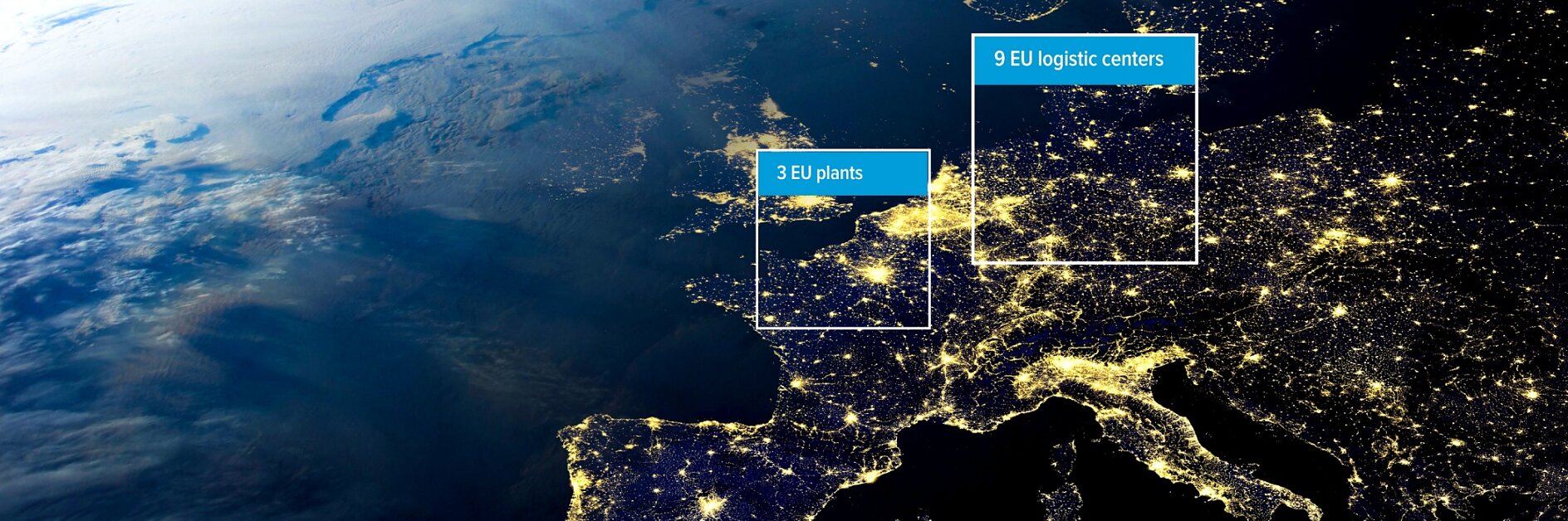 A view of Europe from space at night, with illuminated city lights. Labels indicate 3 EU tesa tape plants over France and 9 EU tesa tape logistics centers over central Europe. The curve of the Earth and atmosphere is visible. (This text has been generated by AI)