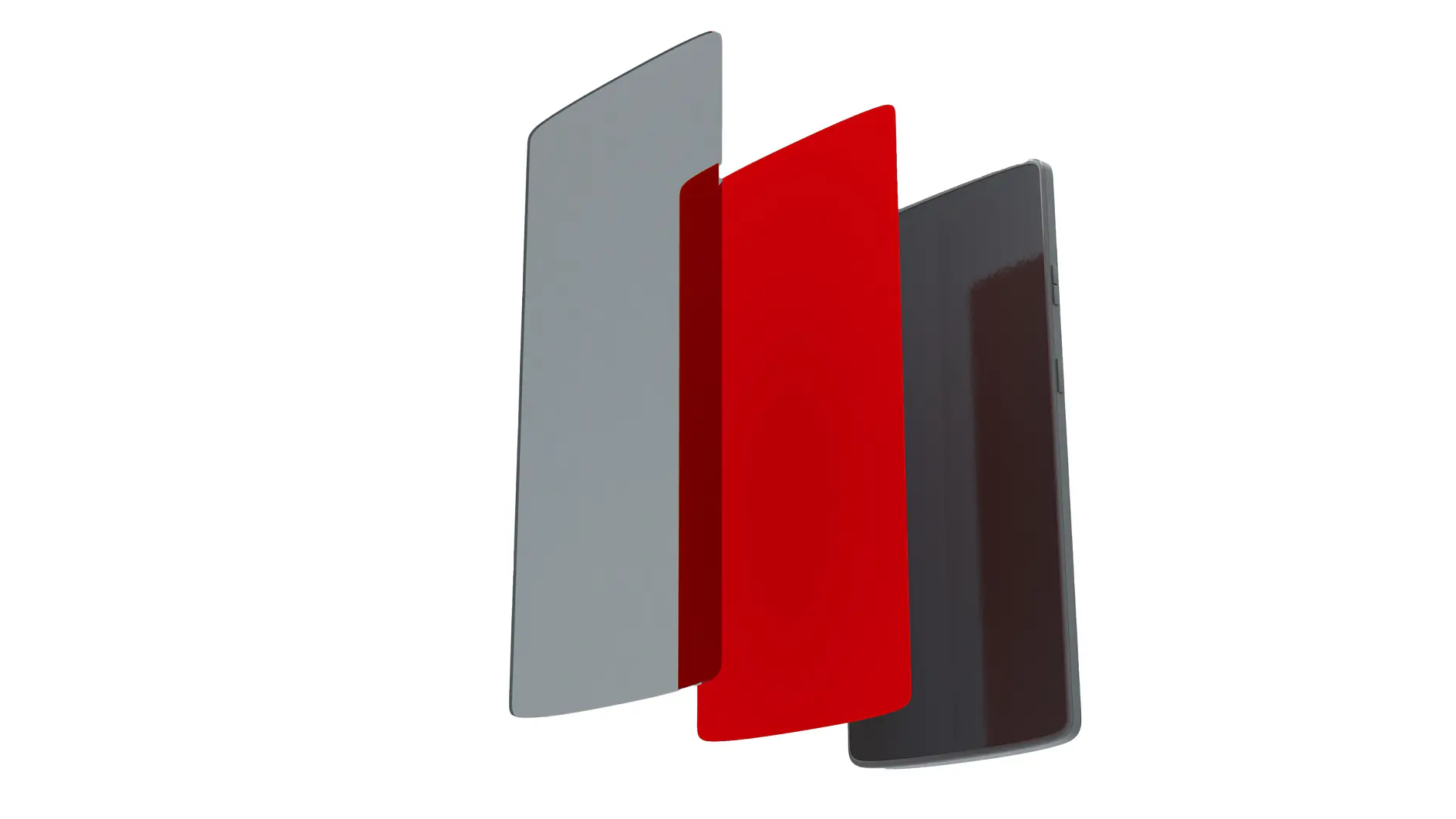 three vertical overlapping panels in gray, red, and dark brown on a white background, abstract design (This text has been generated by AI)