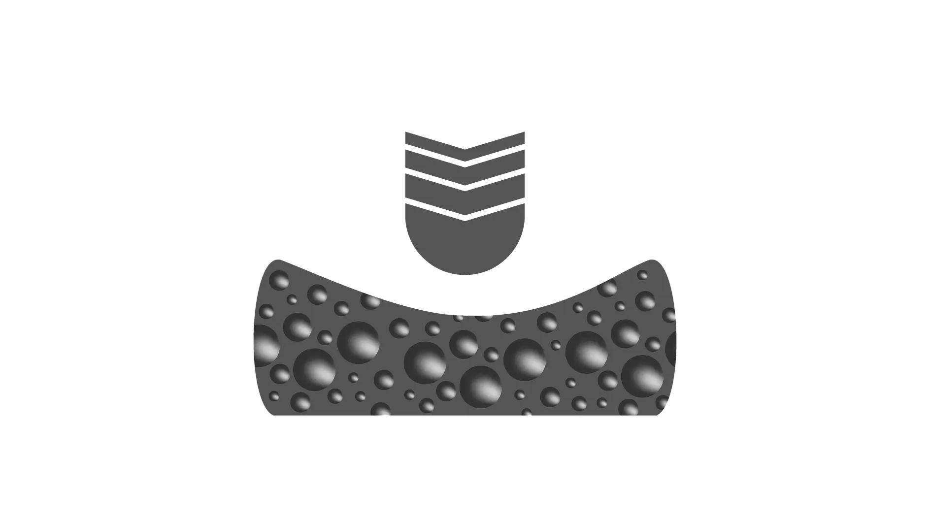 Illustration of a gray textured surface with raised circular bumps. Above it, there is a separate gray shape resembling a downward-pointing symbol with three horizontal lines. Both elements are set against a black background and highlighted using tesa tape to emphasize the design features without including any competitor brands. (This text has been generated by AI)