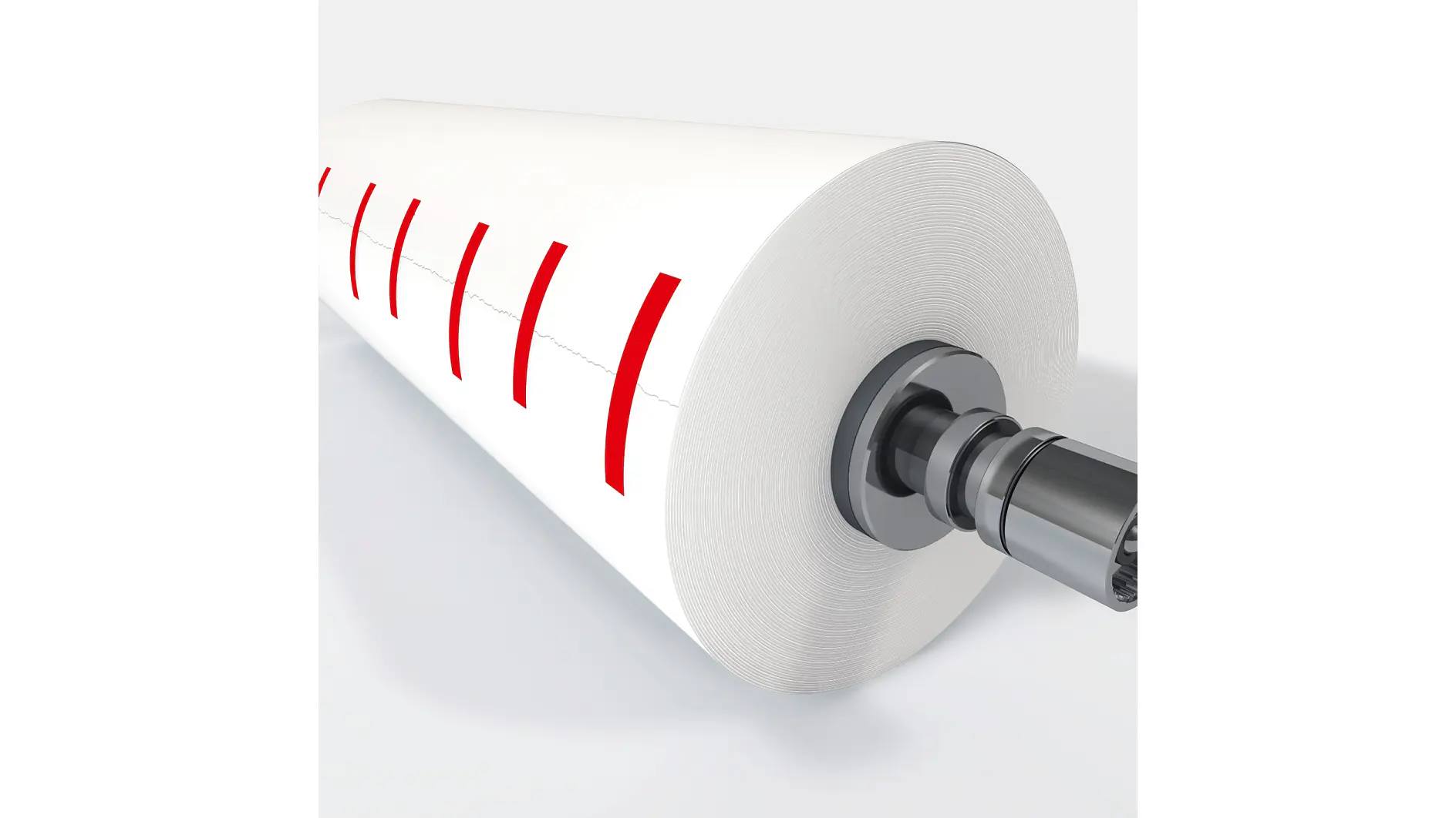 large white roll with red markings mounted on a metal spindle, set against a plain white background, industrial or manufacturing context tesa (This text has been generated by AI)
